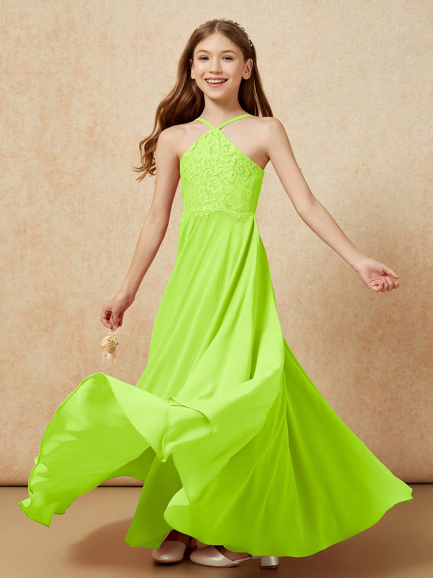 Halshalter Spitzen Oberteil Lang Chiffon Junge Brautjungfernkleider Lindgrün - Image 6