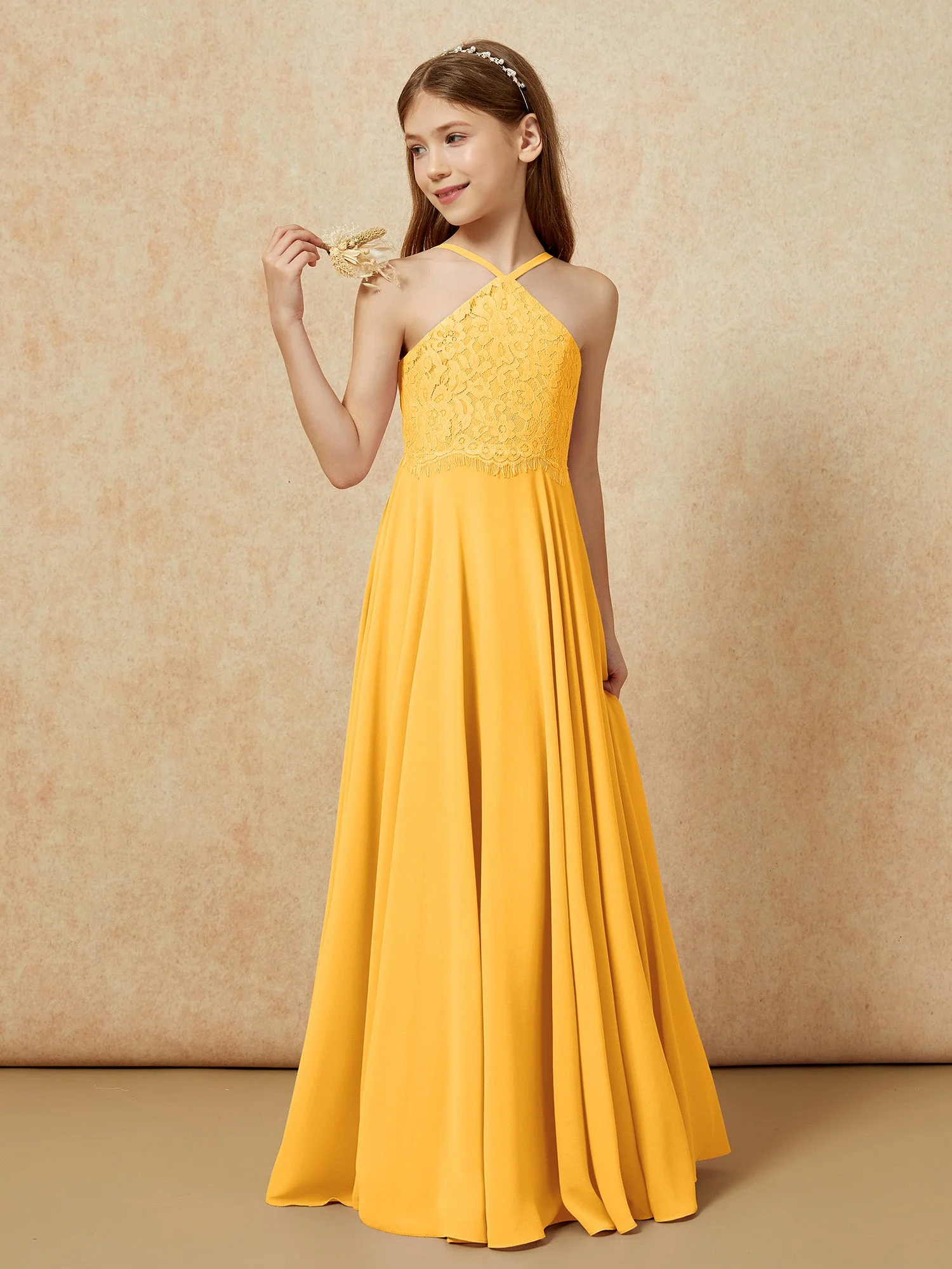 Halshalter Spitzen Oberteil Lang Chiffon Junge Brautjungfernkleider Mandarine - Image 3