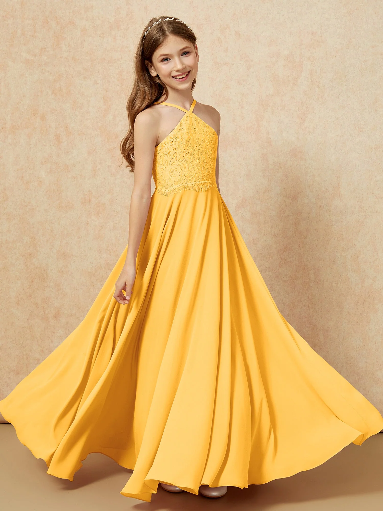 Halshalter Spitzen Oberteil Lang Chiffon Junge Brautjungfernkleider Mandarine - Image 4