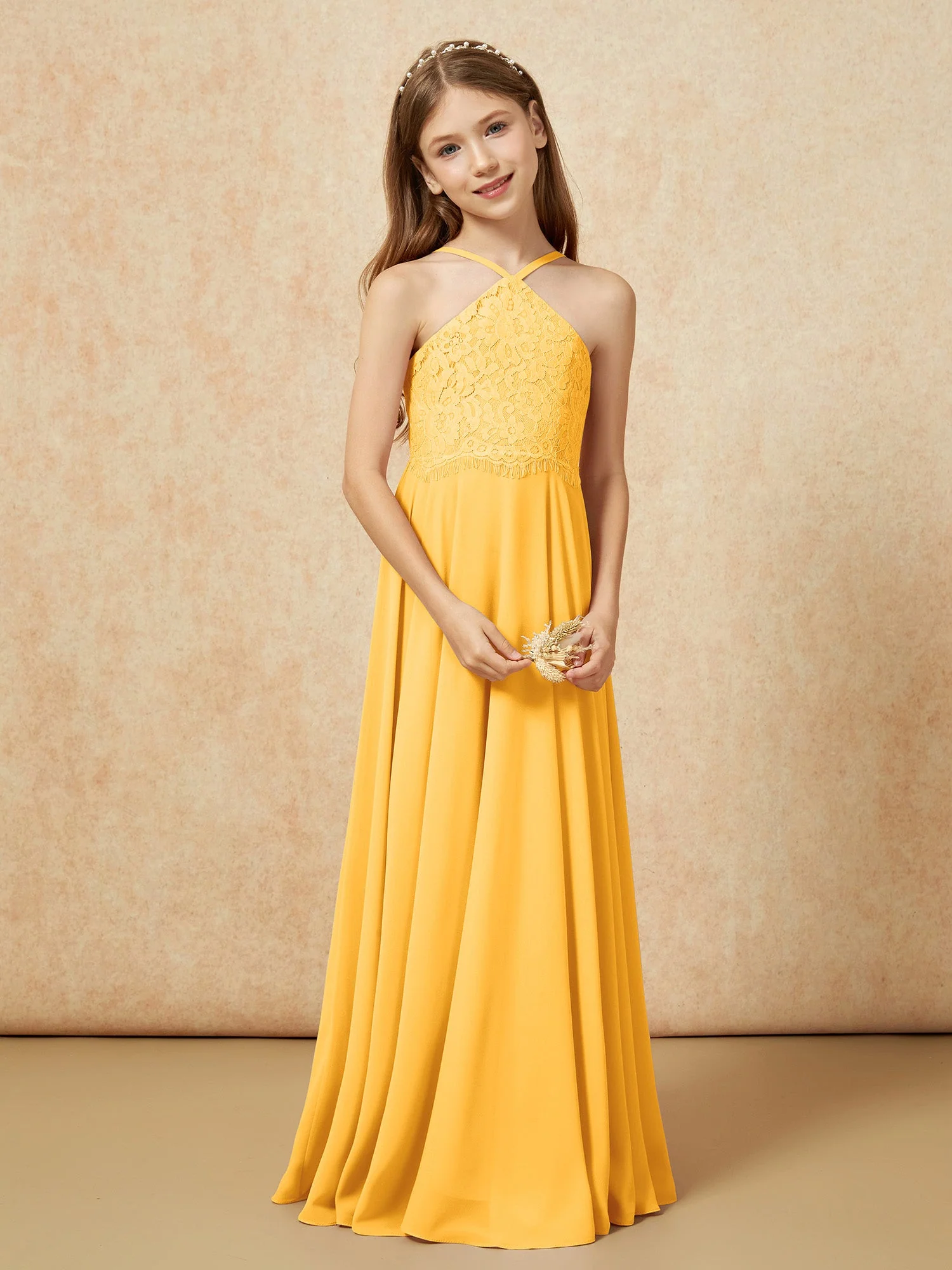 Halshalter Spitzen Oberteil Lang Chiffon Junge Brautjungfernkleider Mandarine - Image 5