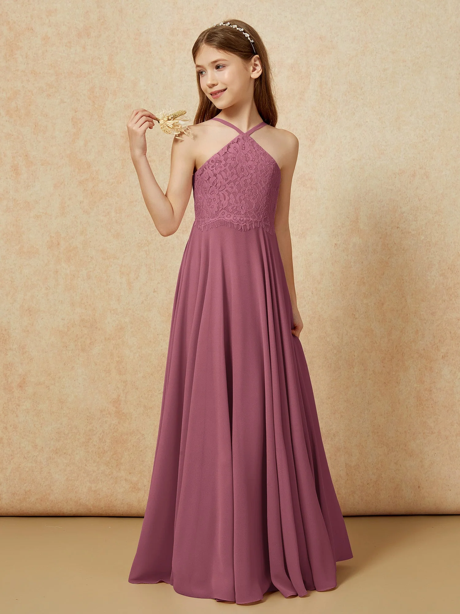 Halshalter Spitzen Oberteil Lang Chiffon Junge Brautjungfernkleider Maulbeere - Image 3