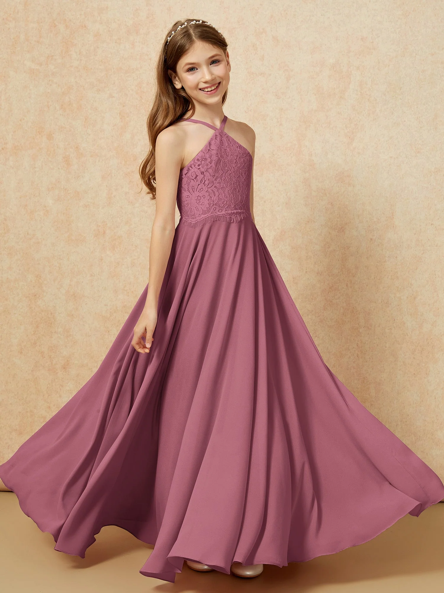 Halshalter Spitzen Oberteil Lang Chiffon Junge Brautjungfernkleider Maulbeere - Image 4
