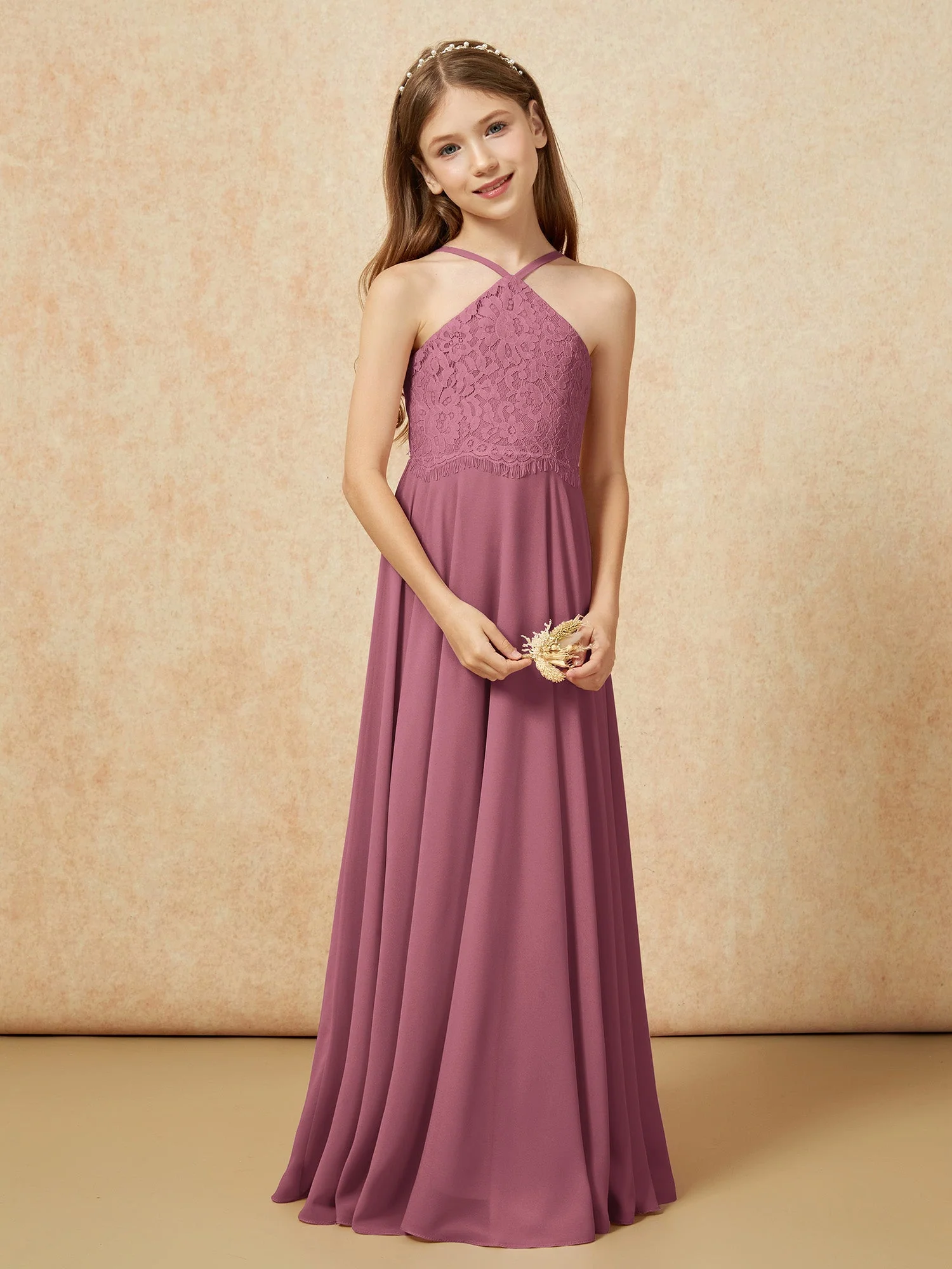 Halshalter Spitzen Oberteil Lang Chiffon Junge Brautjungfernkleider Maulbeere - Image 5