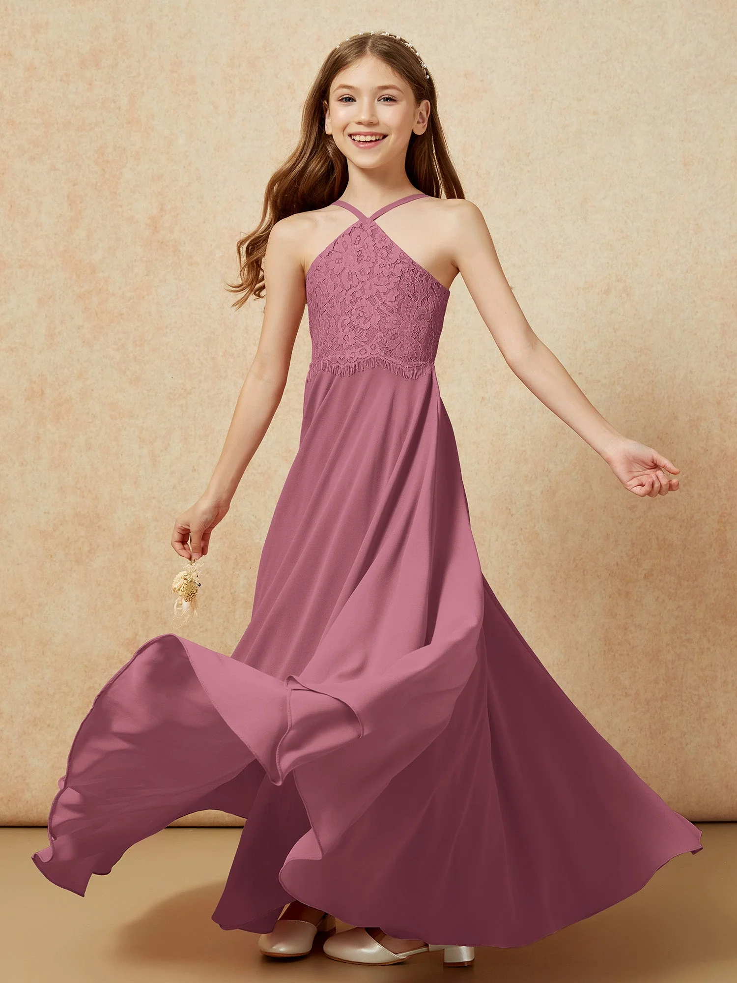 Halshalter Spitzen Oberteil Lang Chiffon Junge Brautjungfernkleider Maulbeere - Image 6