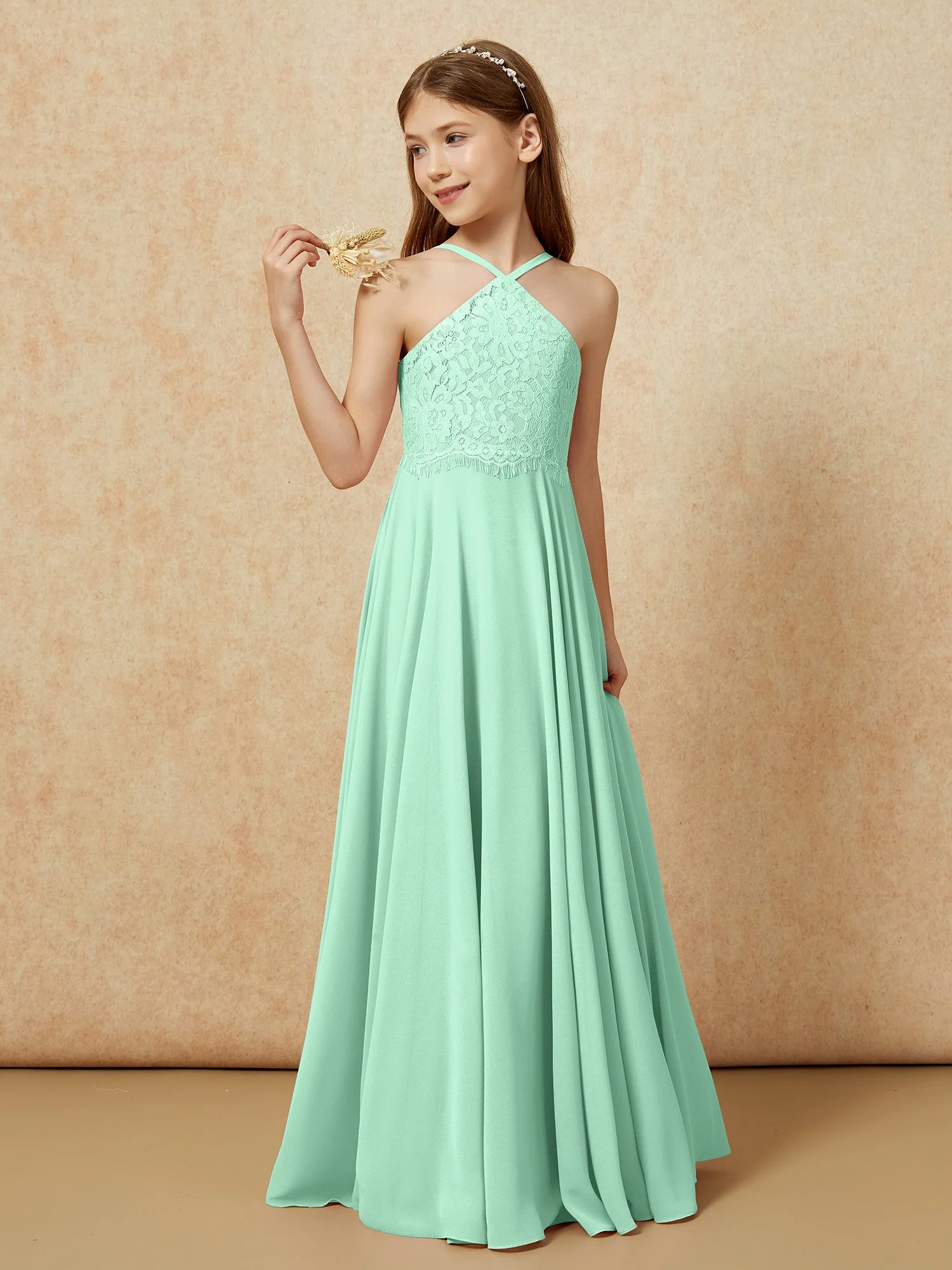 Halshalter Spitzen Oberteil Lang Chiffon Junge Brautjungfernkleider Minzgrün - Image 3