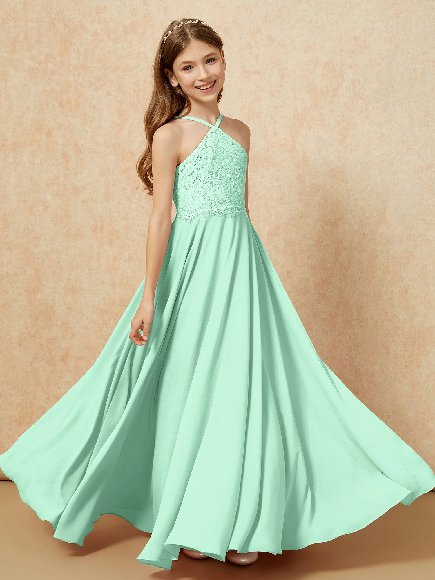 Halshalter Spitzen Oberteil Lang Chiffon Junge Brautjungfernkleider Minzgrün - Image 4