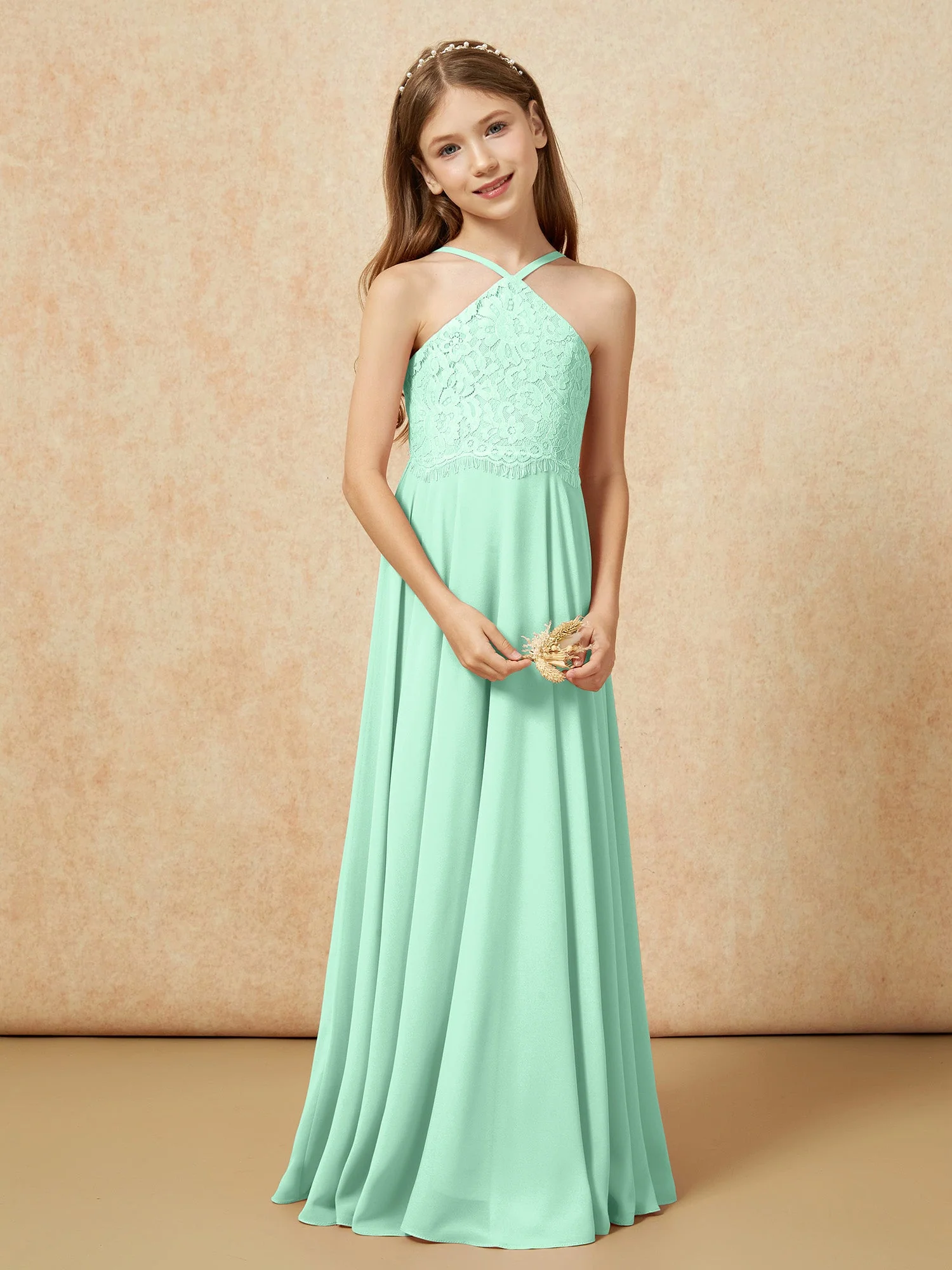 Halshalter Spitzen Oberteil Lang Chiffon Junge Brautjungfernkleider Minzgrün - Image 5