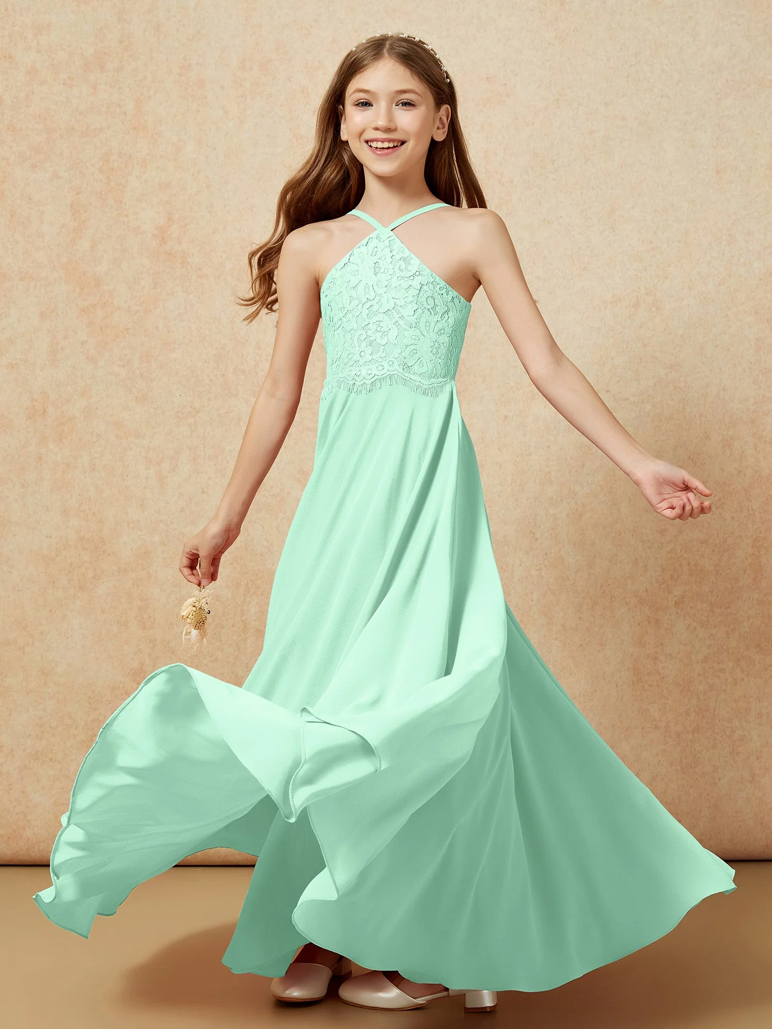 Halshalter Spitzen Oberteil Lang Chiffon Junge Brautjungfernkleider Minzgrün - Image 6