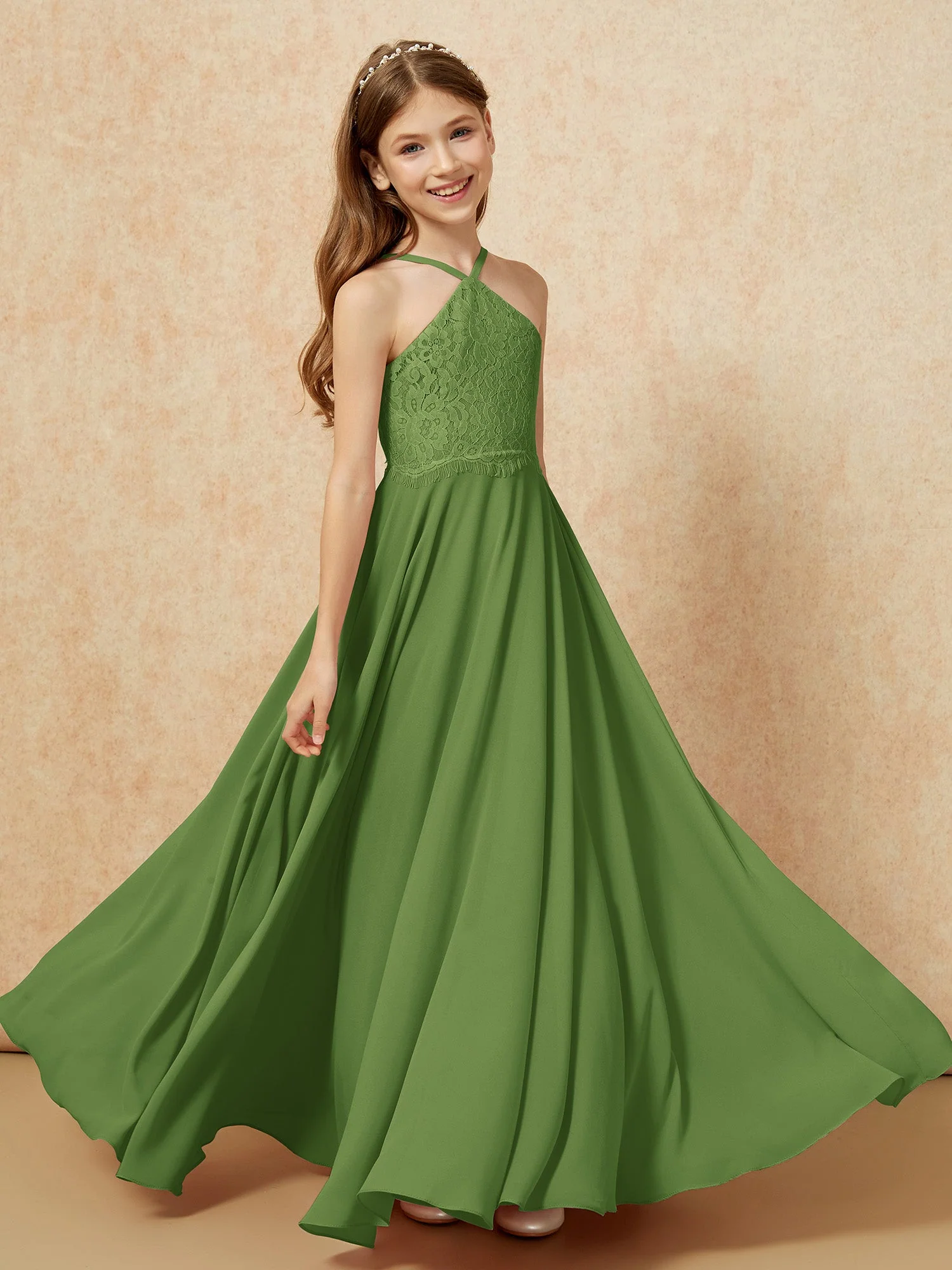 Halshalter Spitzen Oberteil Lang Chiffon Junge Brautjungfernkleider Moos - Image 4