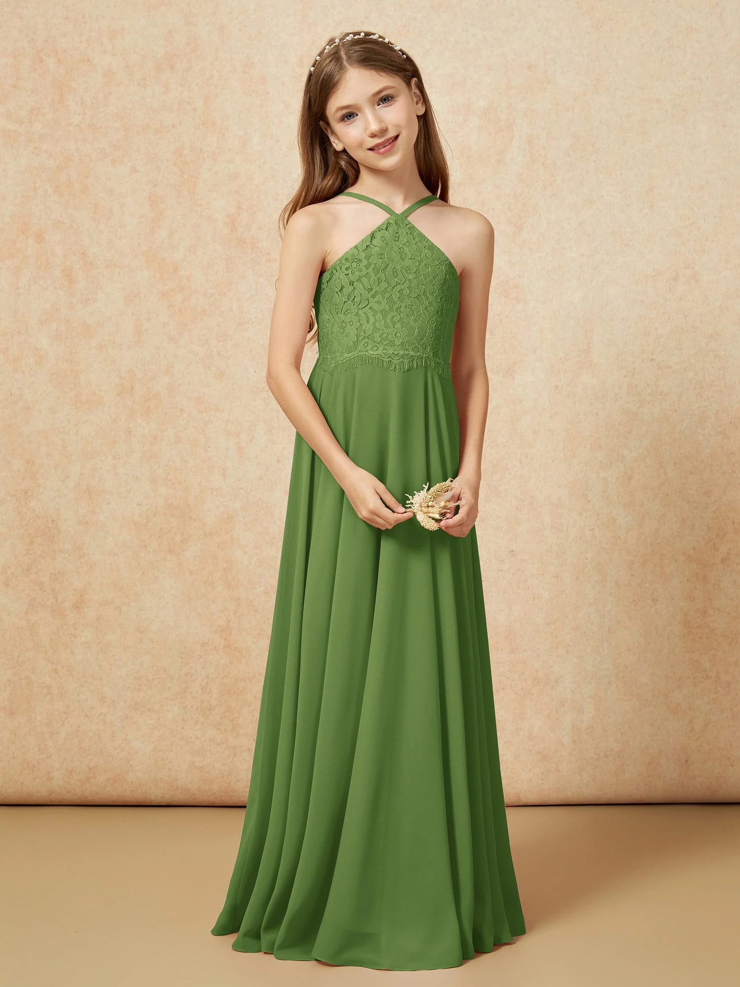 Halshalter Spitzen Oberteil Lang Chiffon Junge Brautjungfernkleider Moos - Image 5