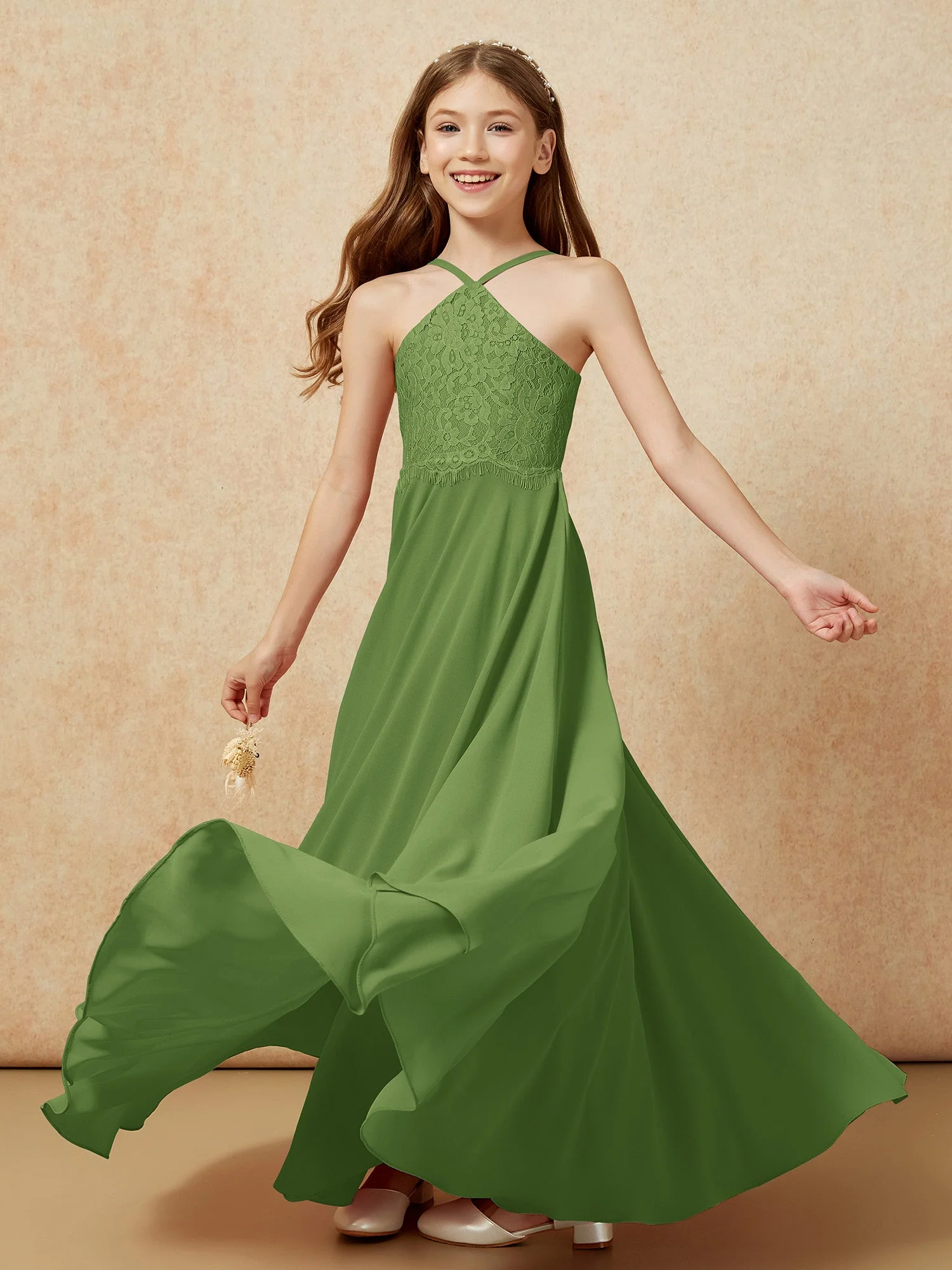 Halshalter Spitzen Oberteil Lang Chiffon Junge Brautjungfernkleider Moos - Image 6