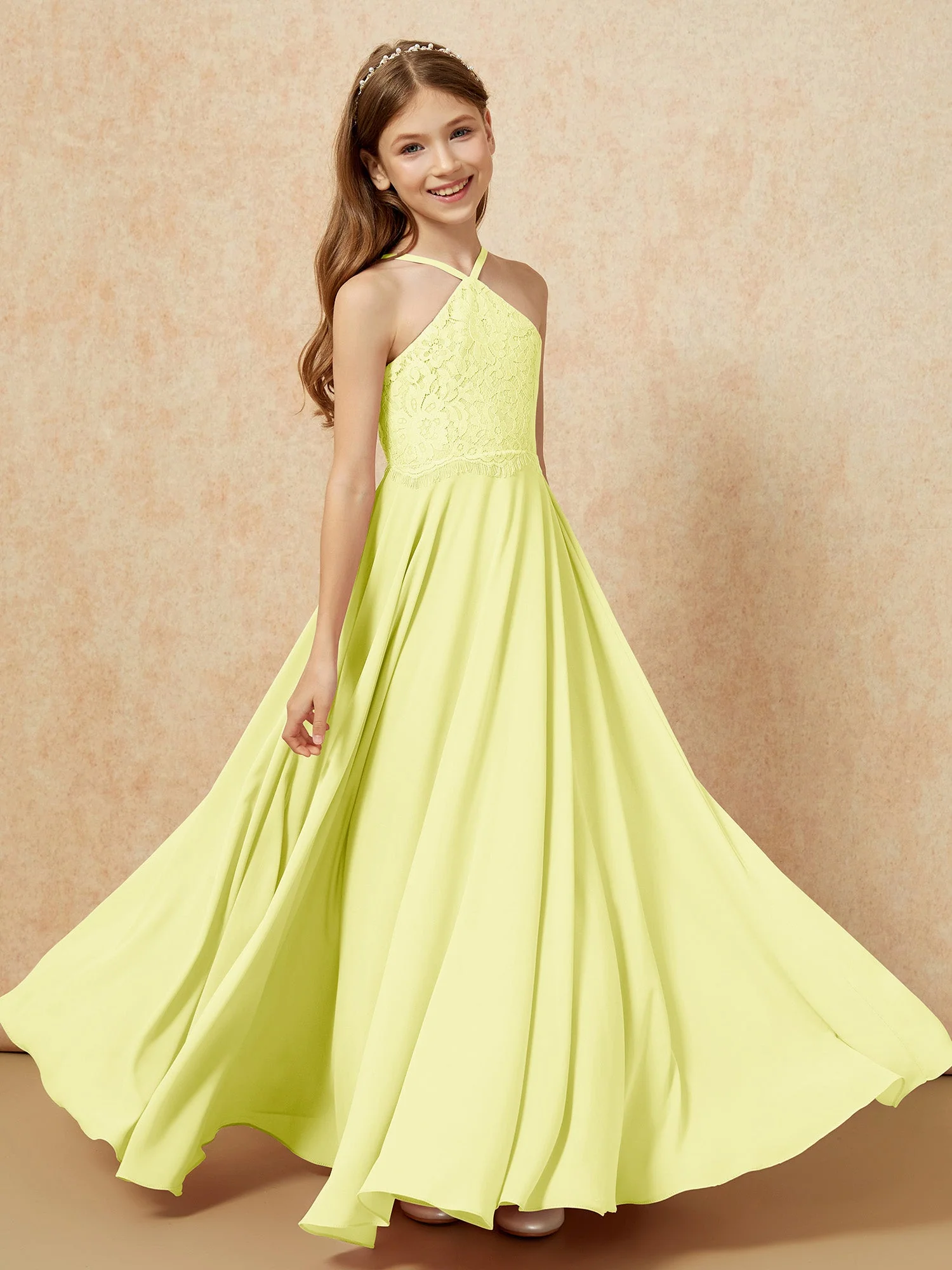 Halshalter Spitzen Oberteil Lang Chiffon Junge Brautjungfernkleider Narzisse - Image 4