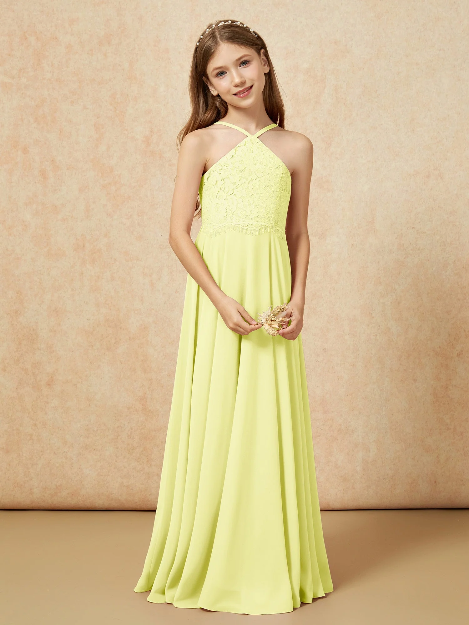 Halshalter Spitzen Oberteil Lang Chiffon Junge Brautjungfernkleider Narzisse - Image 5