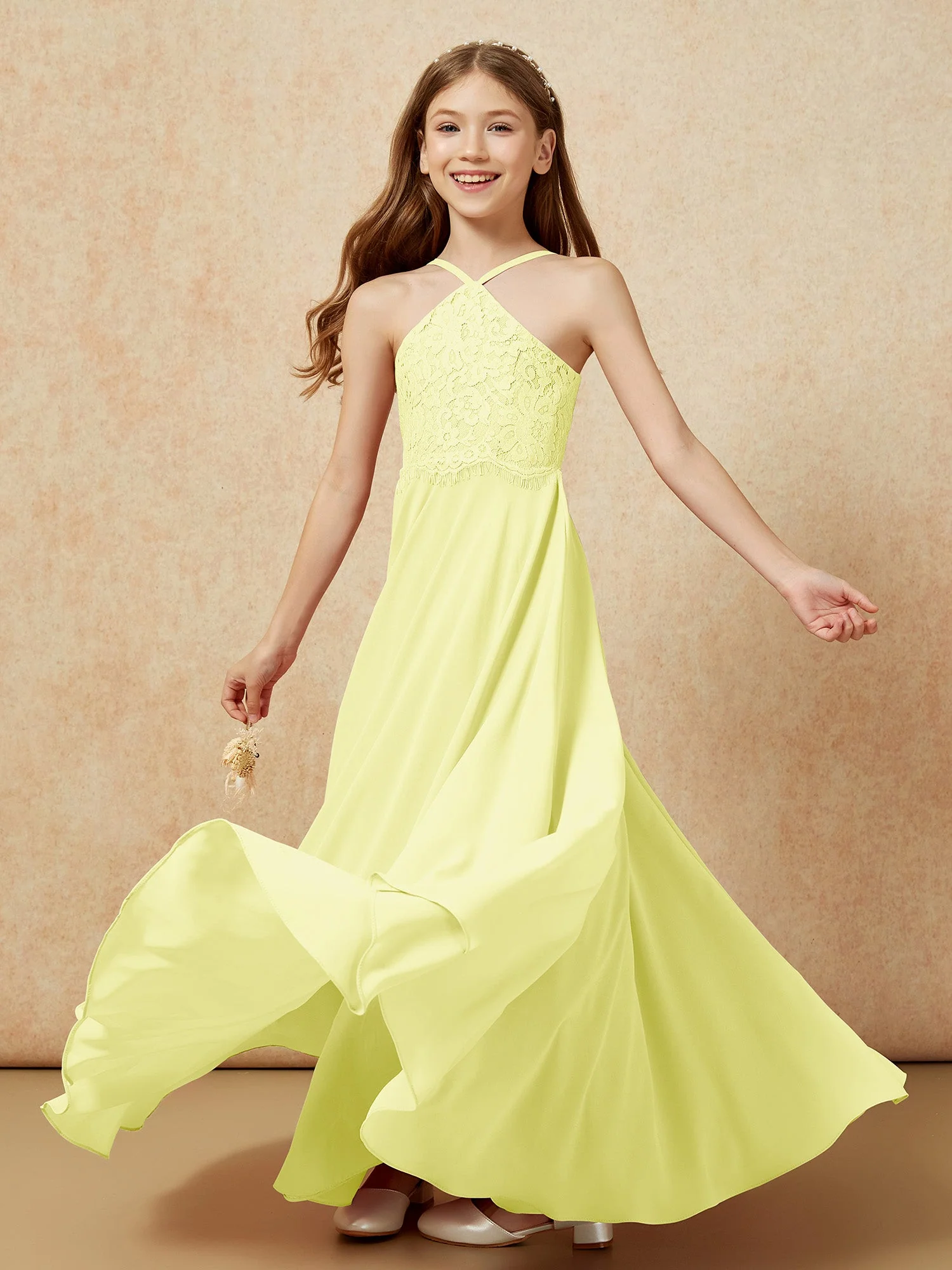 Halshalter Spitzen Oberteil Lang Chiffon Junge Brautjungfernkleider Narzisse - Image 6