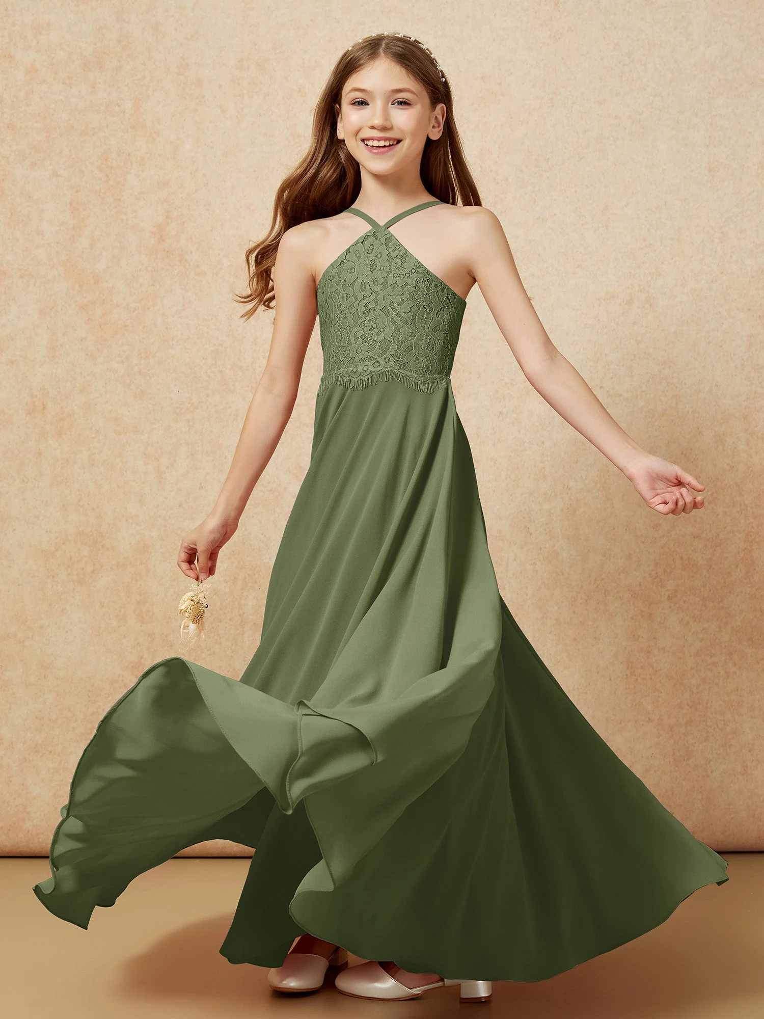 Halshalter Spitzen Oberteil Lang Chiffon Junge Brautjungfernkleider Olivgrün - Image 6