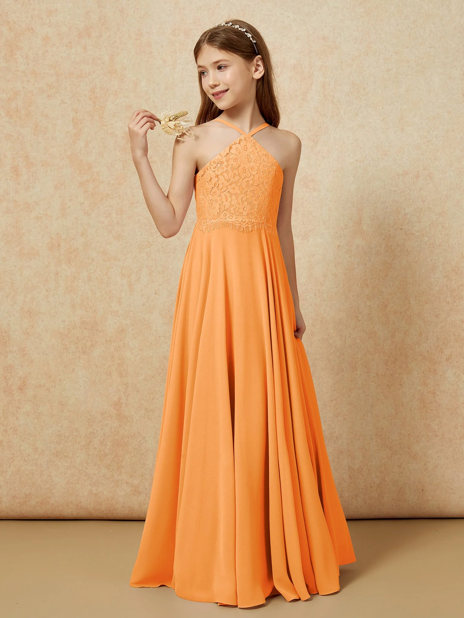 Halshalter Spitzen Oberteil Lang Chiffon Junge Brautjungfernkleider Orange - Image 3