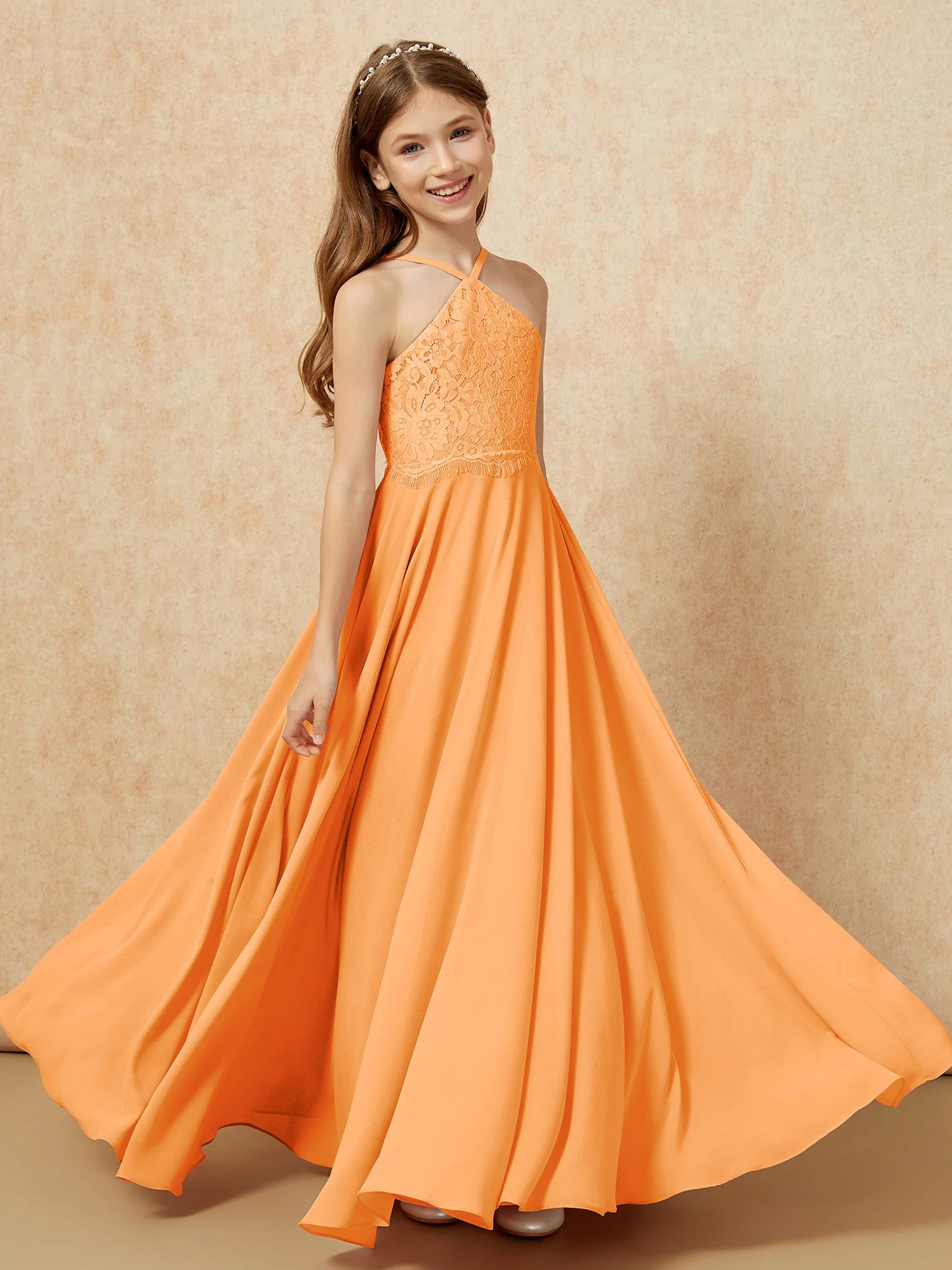 Halshalter Spitzen Oberteil Lang Chiffon Junge Brautjungfernkleider Orange - Image 4