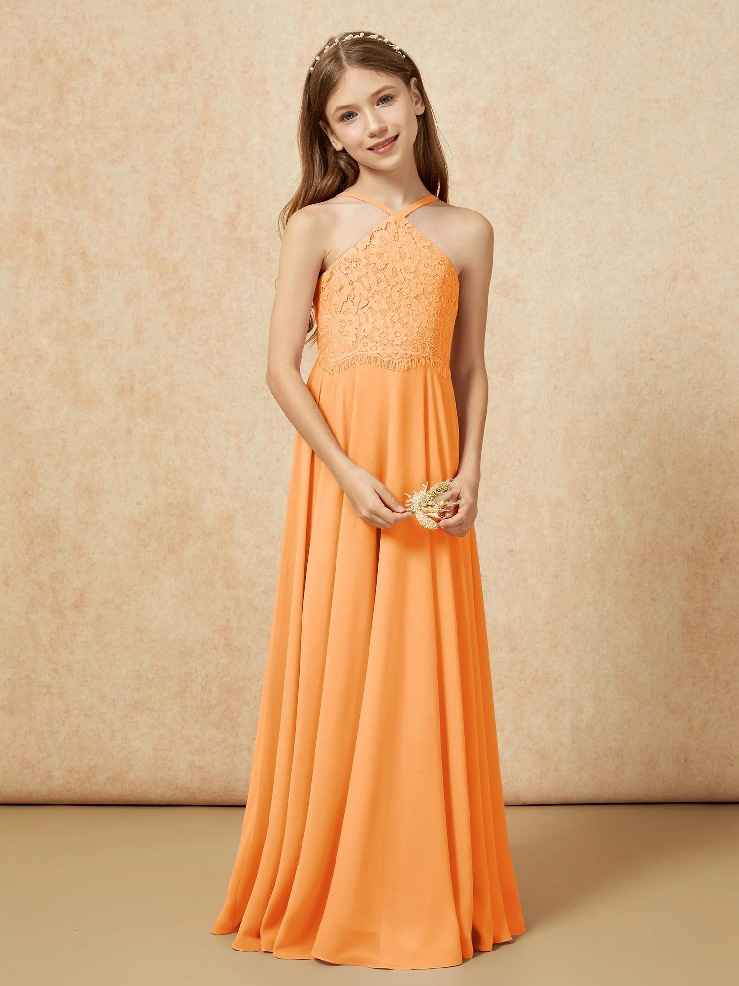 Halshalter Spitzen Oberteil Lang Chiffon Junge Brautjungfernkleider Orange - Image 5