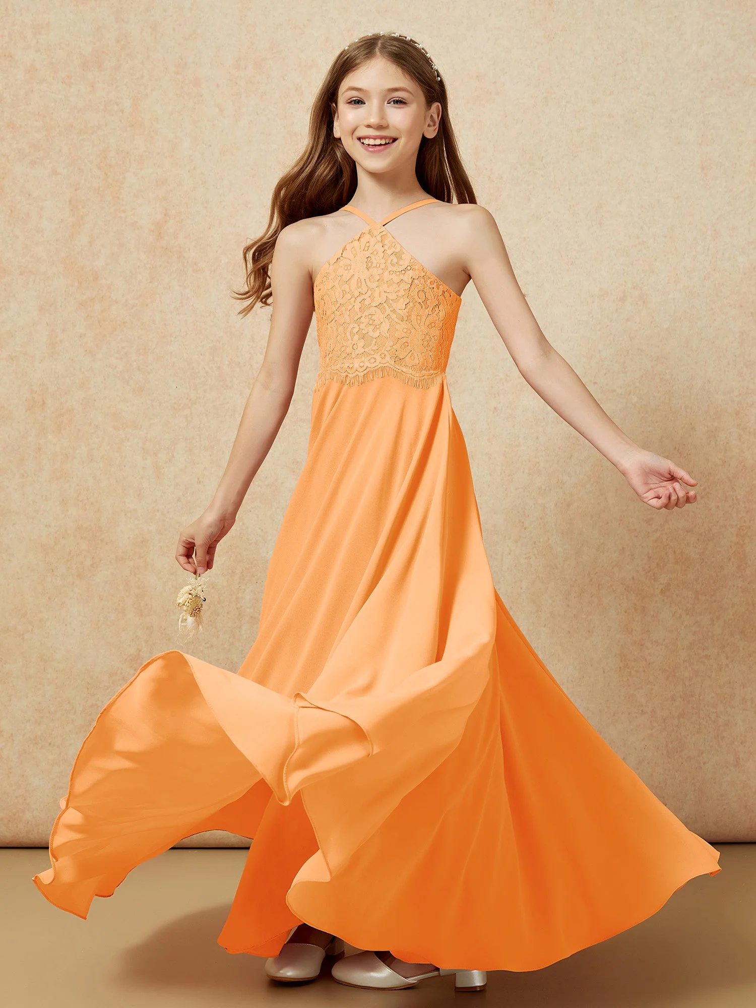 Halshalter Spitzen Oberteil Lang Chiffon Junge Brautjungfernkleider Orange - Image 6