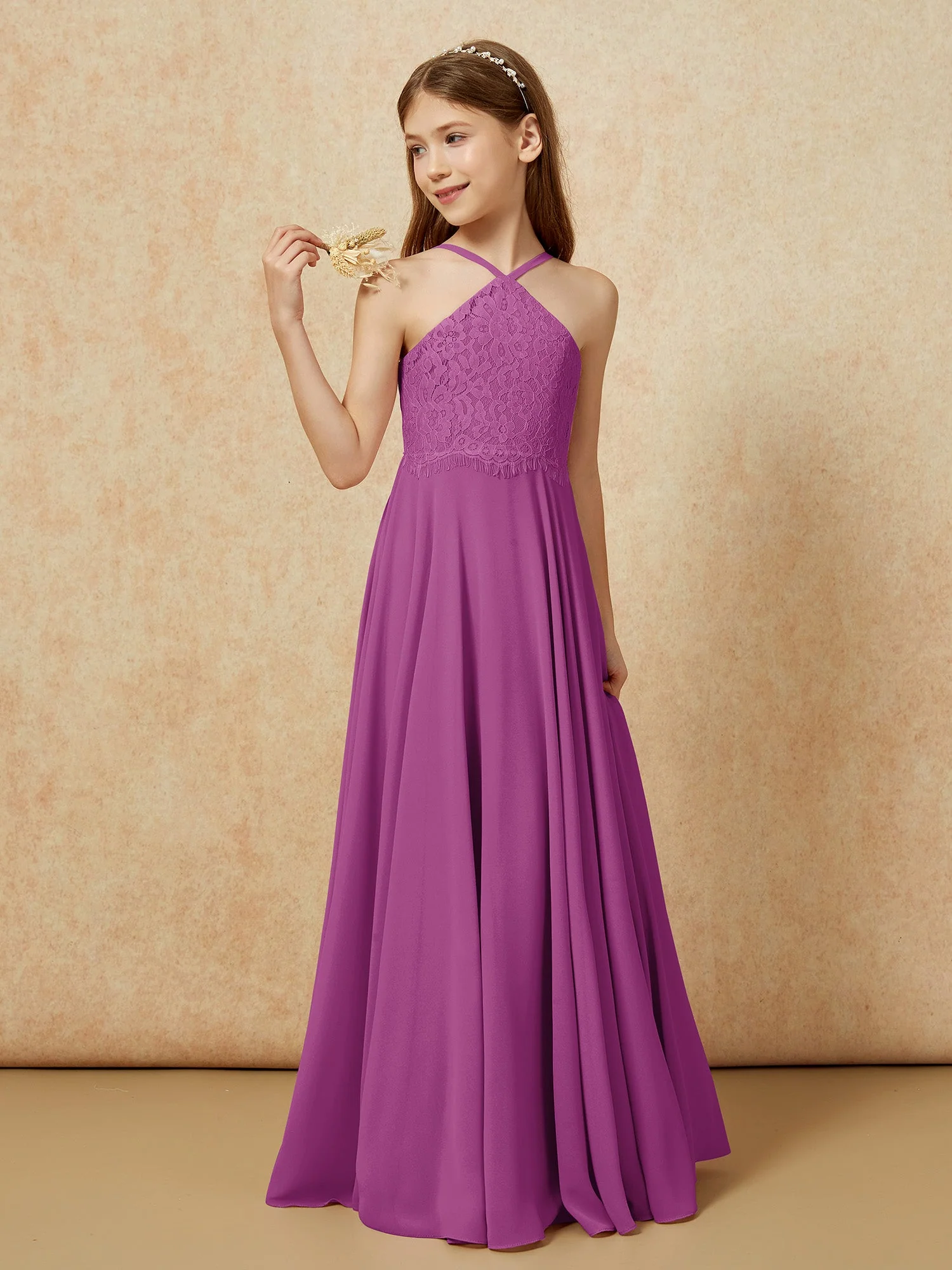 Halshalter Spitzen Oberteil Lang Chiffon Junge Brautjungfernkleider Orchidee - Image 3