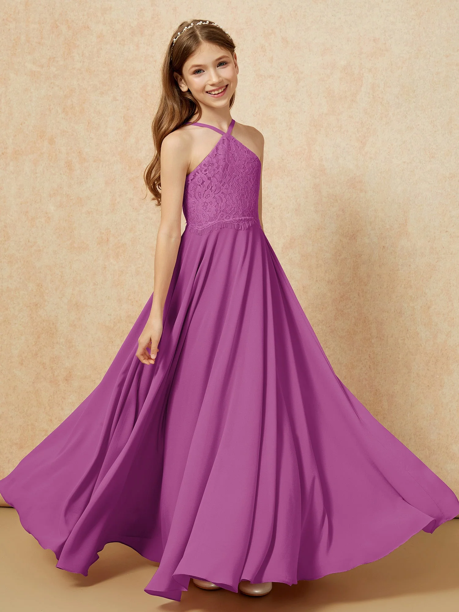 Halshalter Spitzen Oberteil Lang Chiffon Junge Brautjungfernkleider Orchidee - Image 4