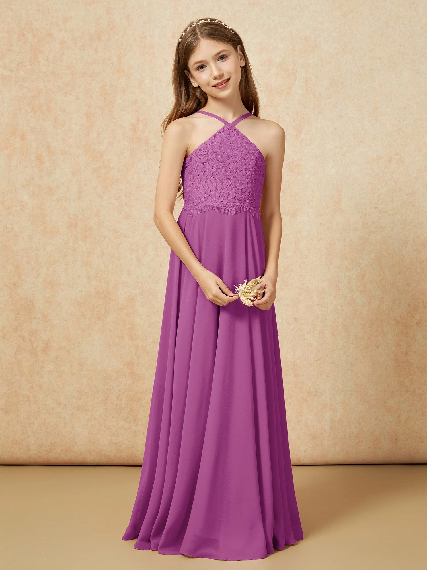 Halshalter Spitzen Oberteil Lang Chiffon Junge Brautjungfernkleider Orchidee - Image 5