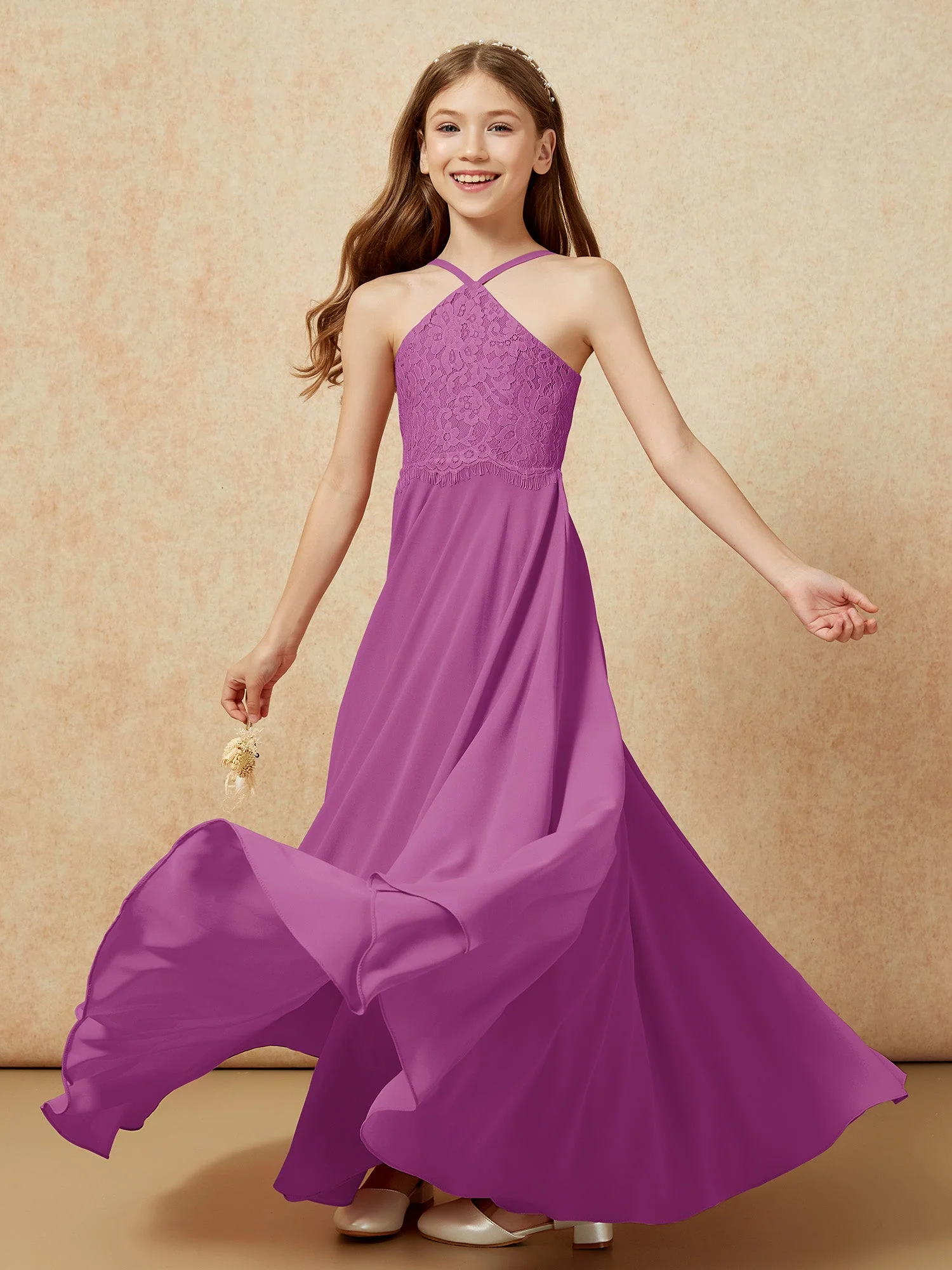 Halshalter Spitzen Oberteil Lang Chiffon Junge Brautjungfernkleider Orchidee - Image 6