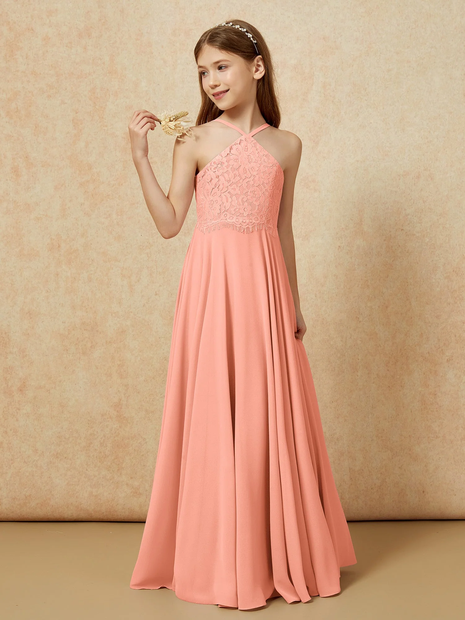 Halshalter Spitzen Oberteil Lang Chiffon Junge Brautjungfernkleider Papaya - Image 3