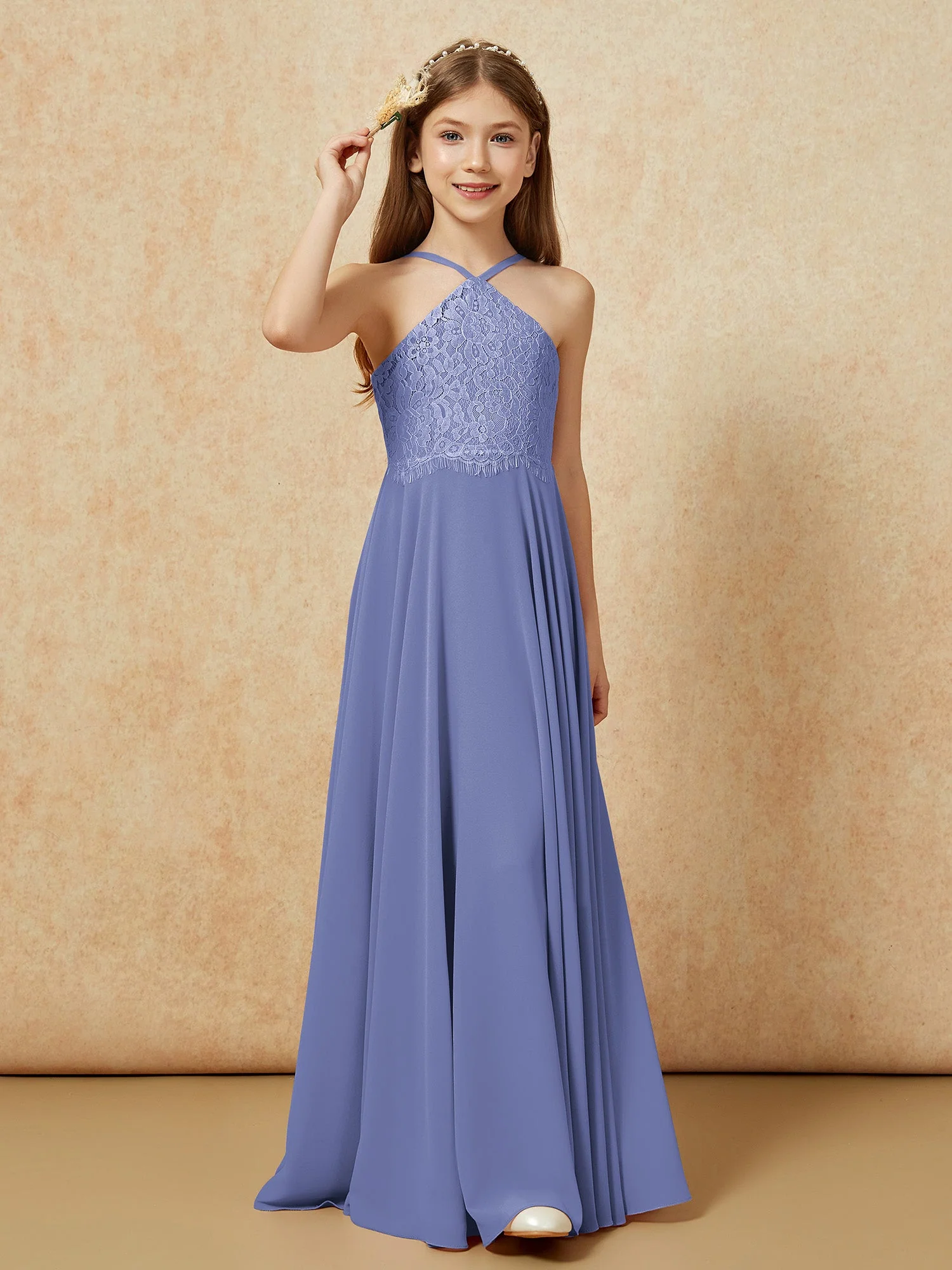Halshalter Spitzen Oberteil Lang Chiffon Junge Brautjungfernkleider Periwinkleblau
