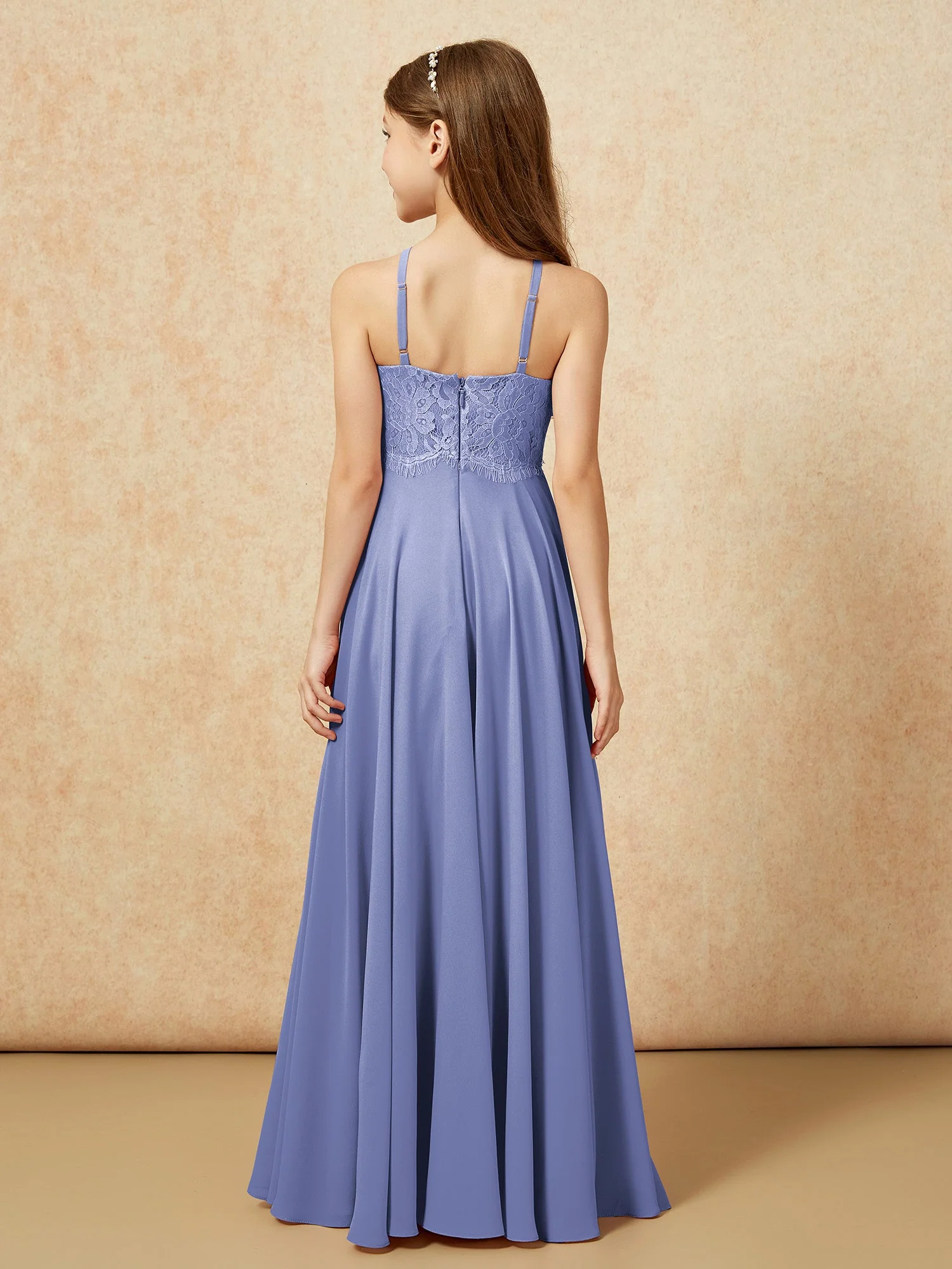 Halshalter Spitzen Oberteil Lang Chiffon Junge Brautjungfernkleider Periwinkleblau - Image 2
