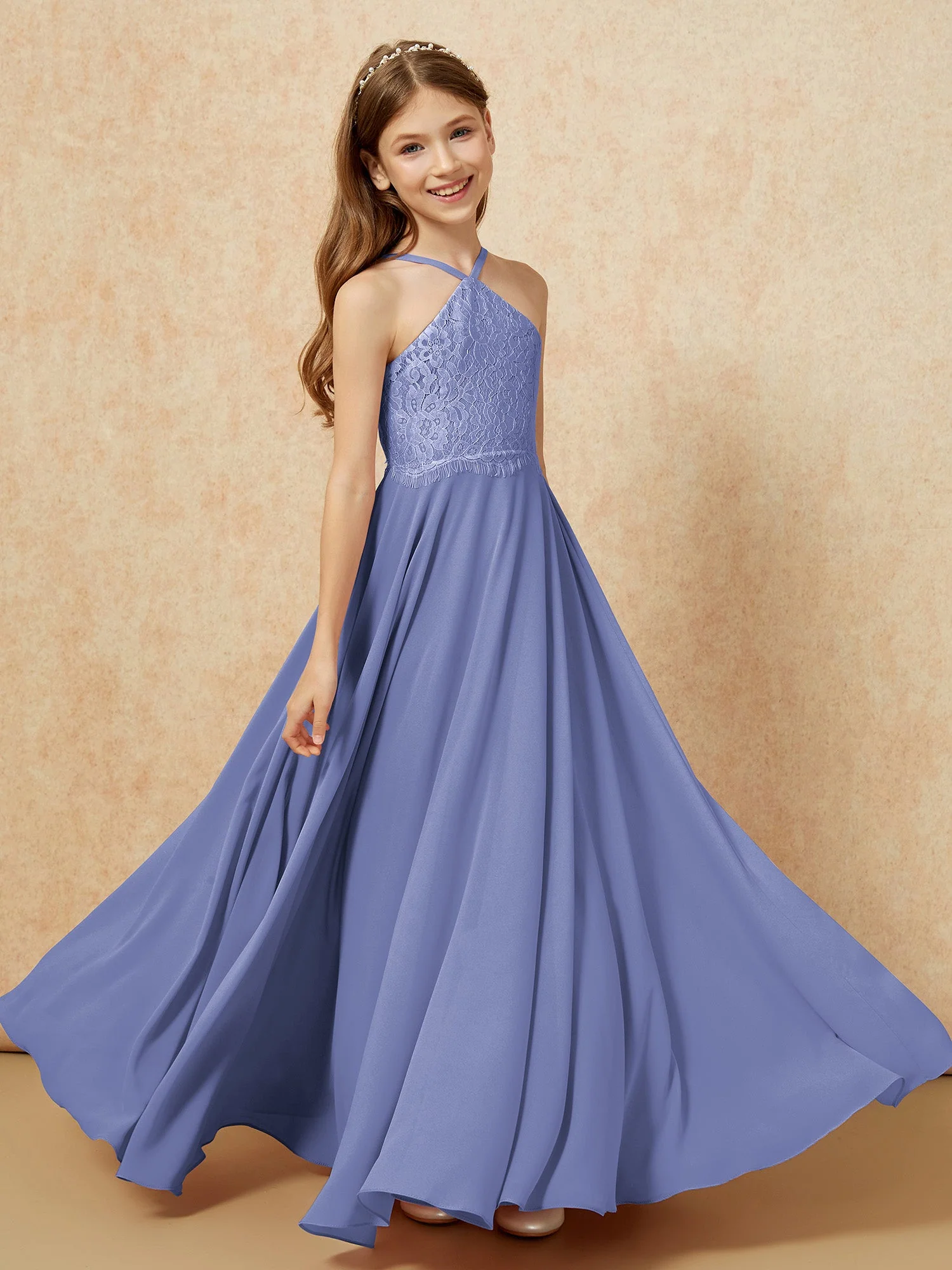 Halshalter Spitzen Oberteil Lang Chiffon Junge Brautjungfernkleider Periwinkleblau - Image 4