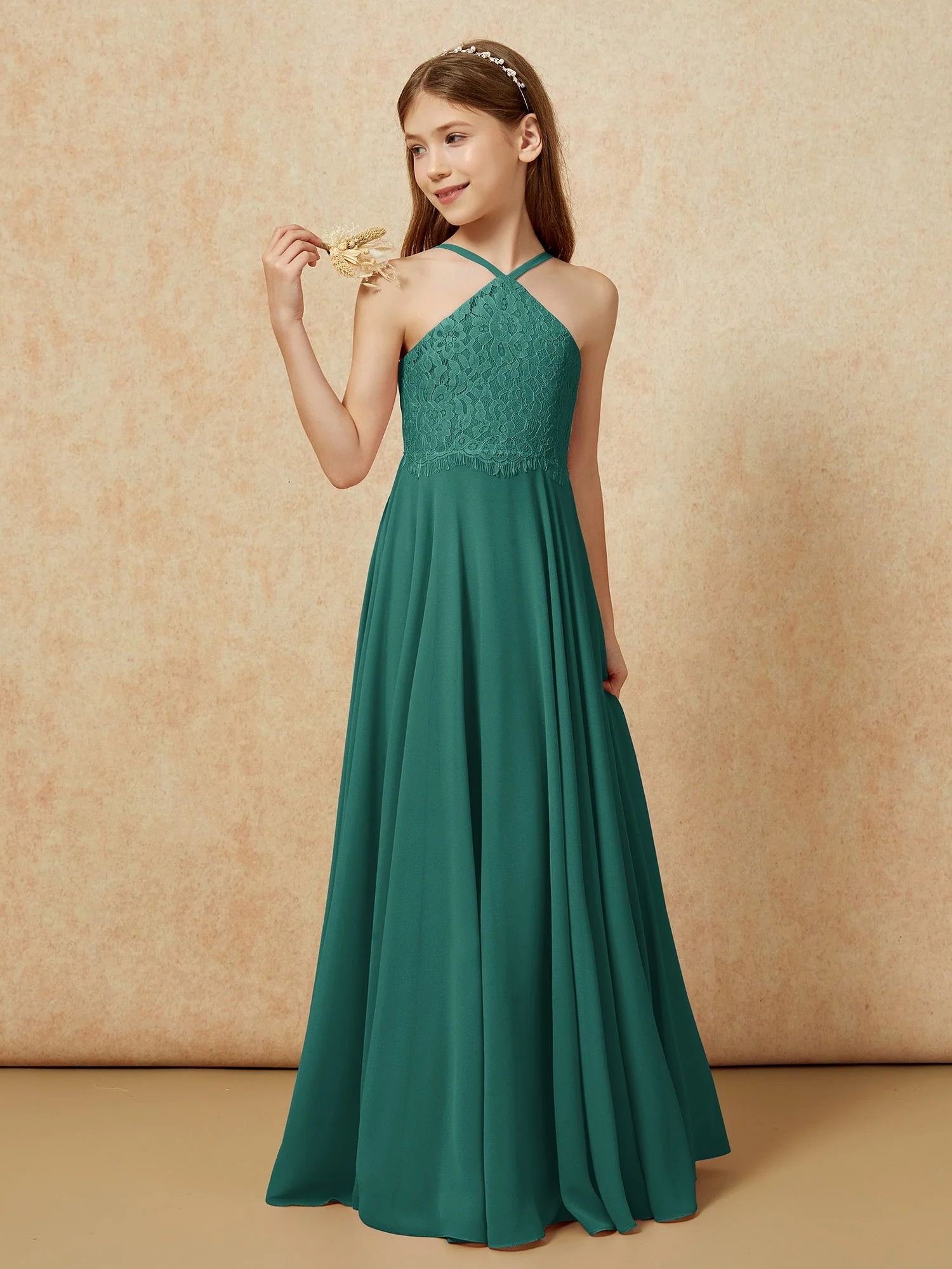 Halshalter Spitzen Oberteil Lang Chiffon Junge Brautjungfernkleider Pfau - Image 3