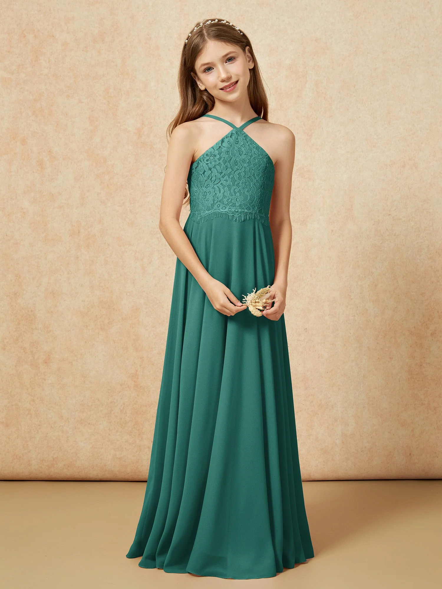 Halshalter Spitzen Oberteil Lang Chiffon Junge Brautjungfernkleider Pfau - Image 5