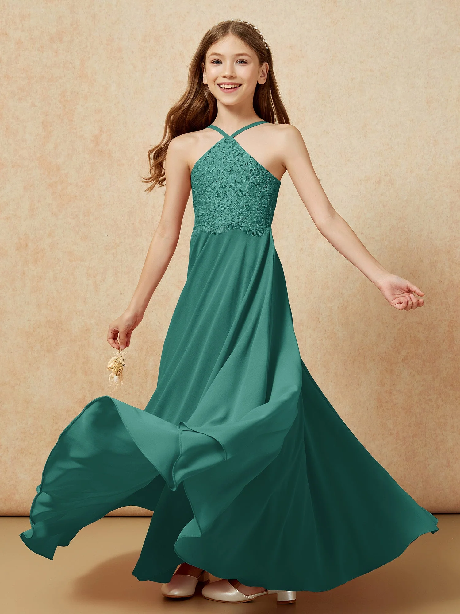 Halshalter Spitzen Oberteil Lang Chiffon Junge Brautjungfernkleider Pfau - Image 6