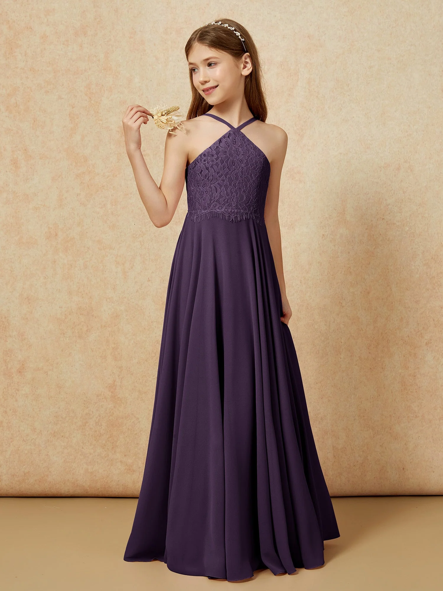 Halshalter Spitzen Oberteil Lang Chiffon Junge Brautjungfernkleider Plum - Image 3