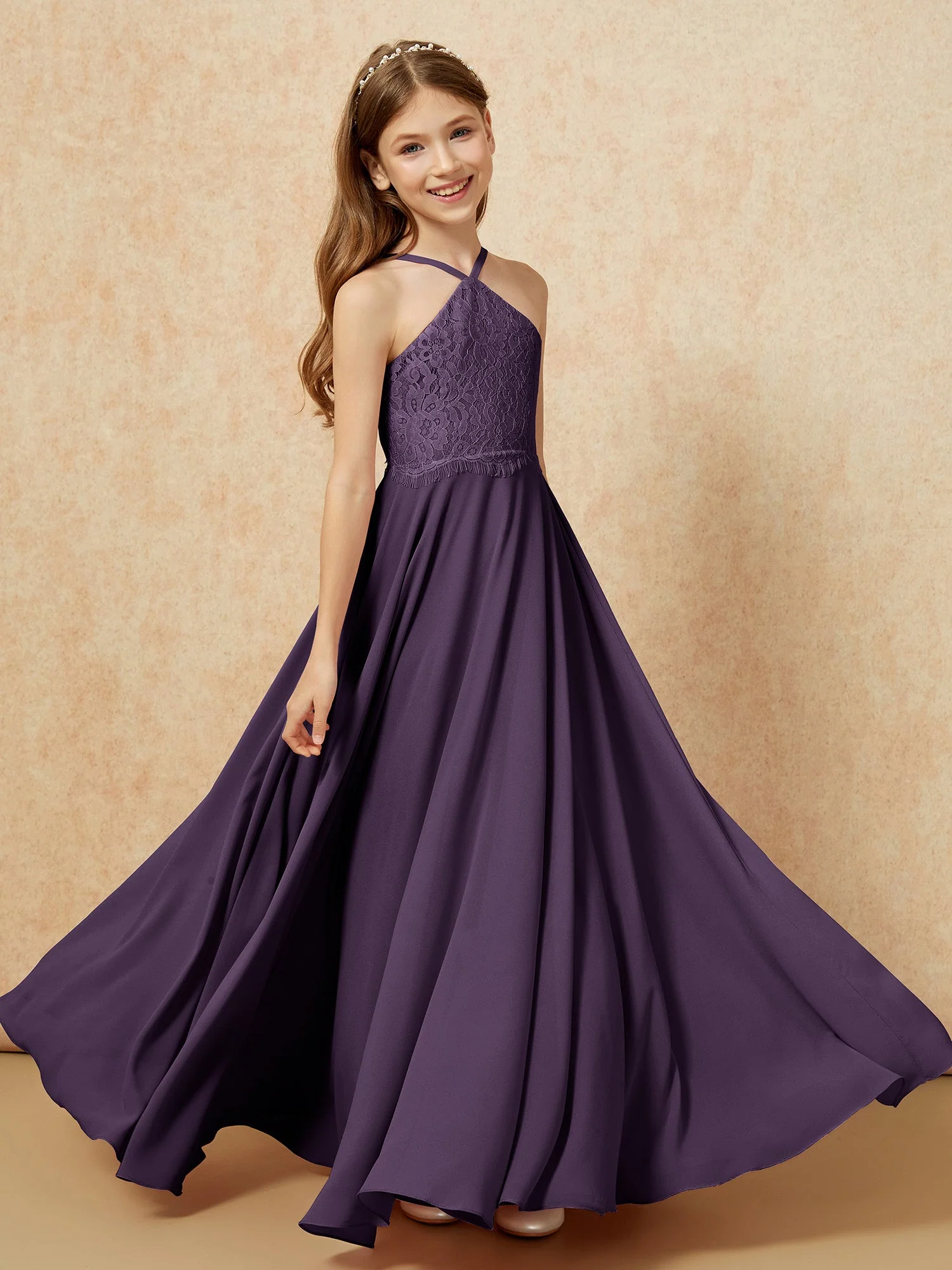 Halshalter Spitzen Oberteil Lang Chiffon Junge Brautjungfernkleider Plum - Image 4