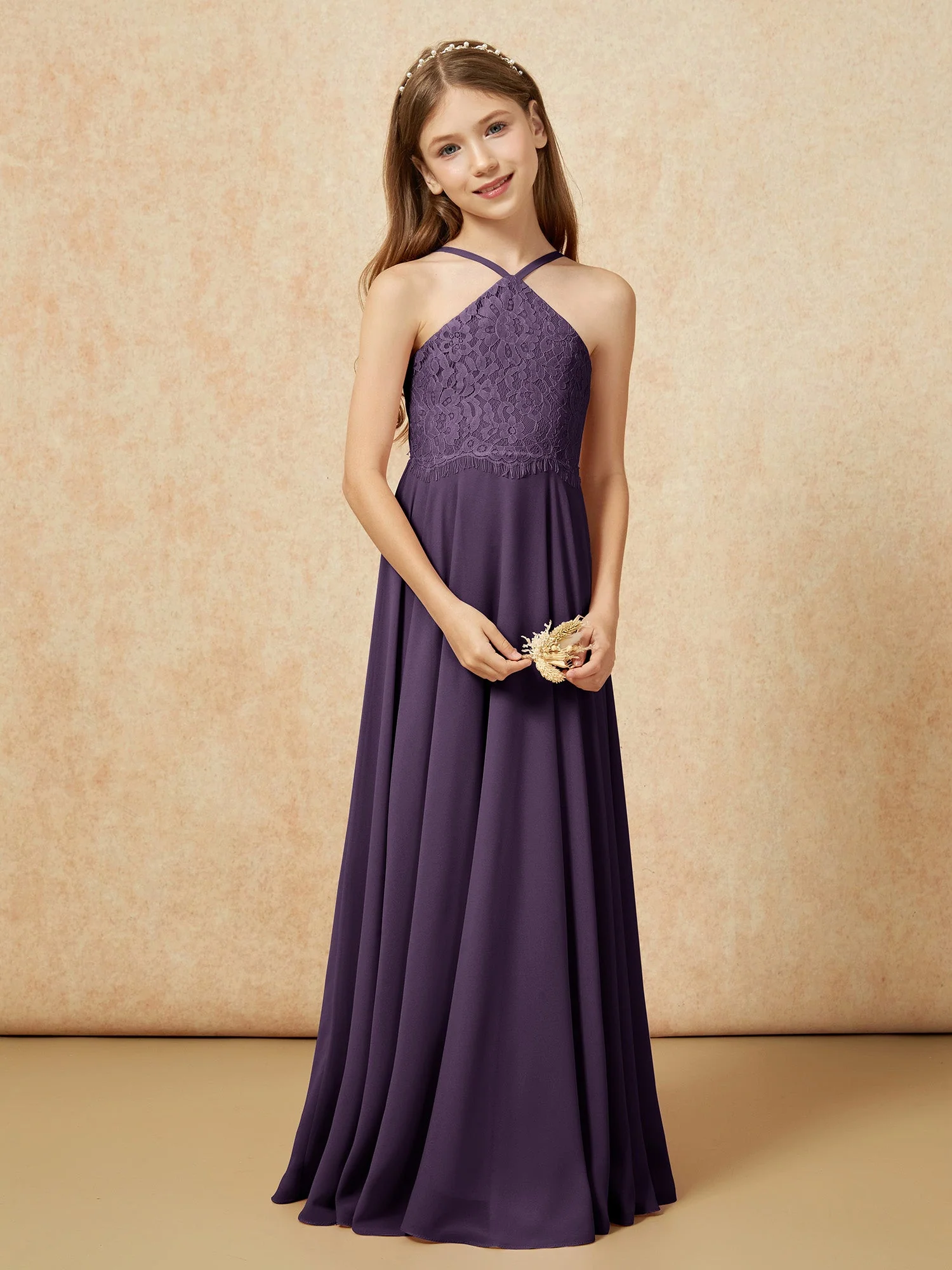 Halshalter Spitzen Oberteil Lang Chiffon Junge Brautjungfernkleider Plum - Image 5