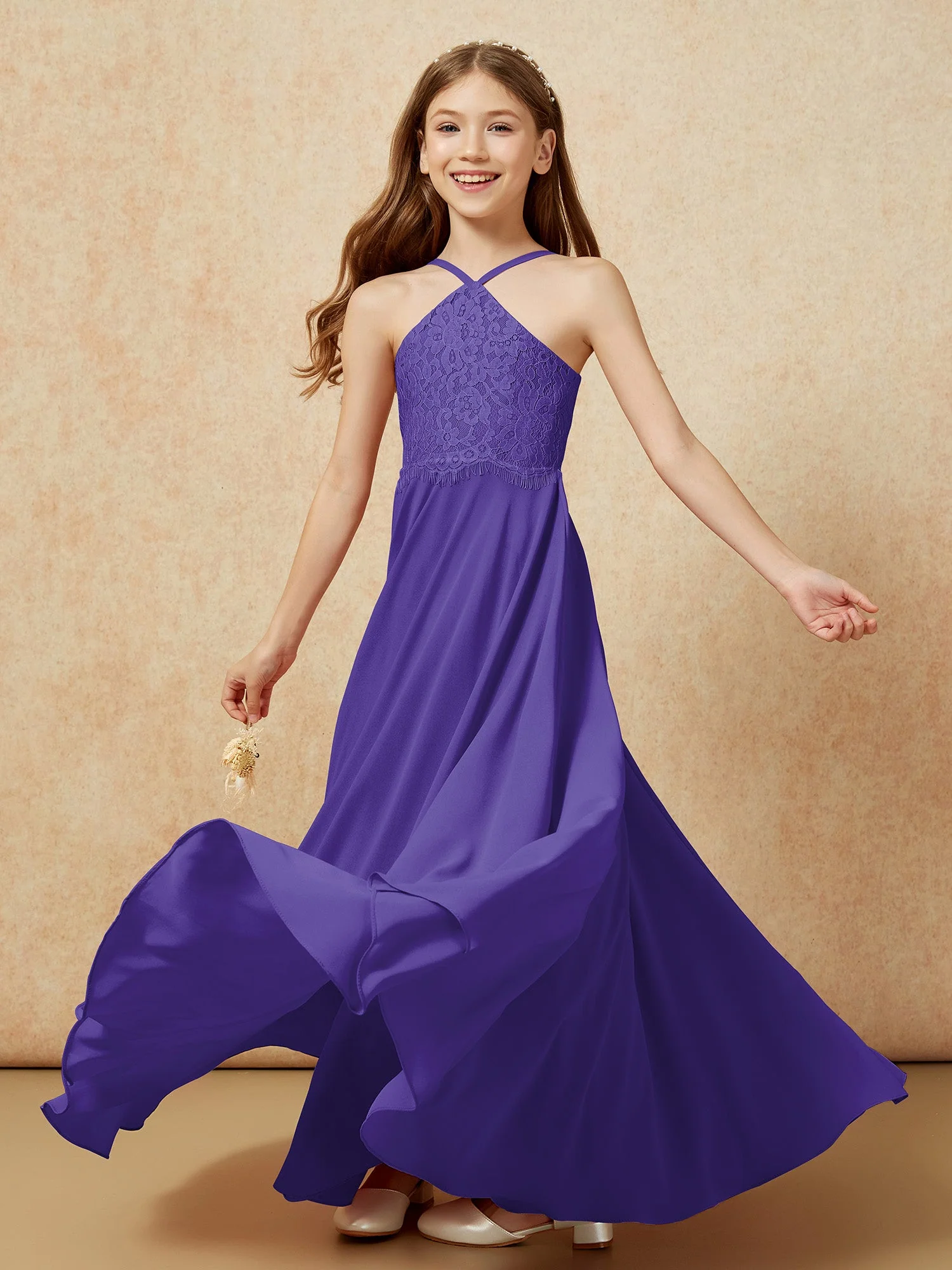 Halshalter Spitzen Oberteil Lang Chiffon Junge Brautjungfernkleider Regentschaft - Image 6