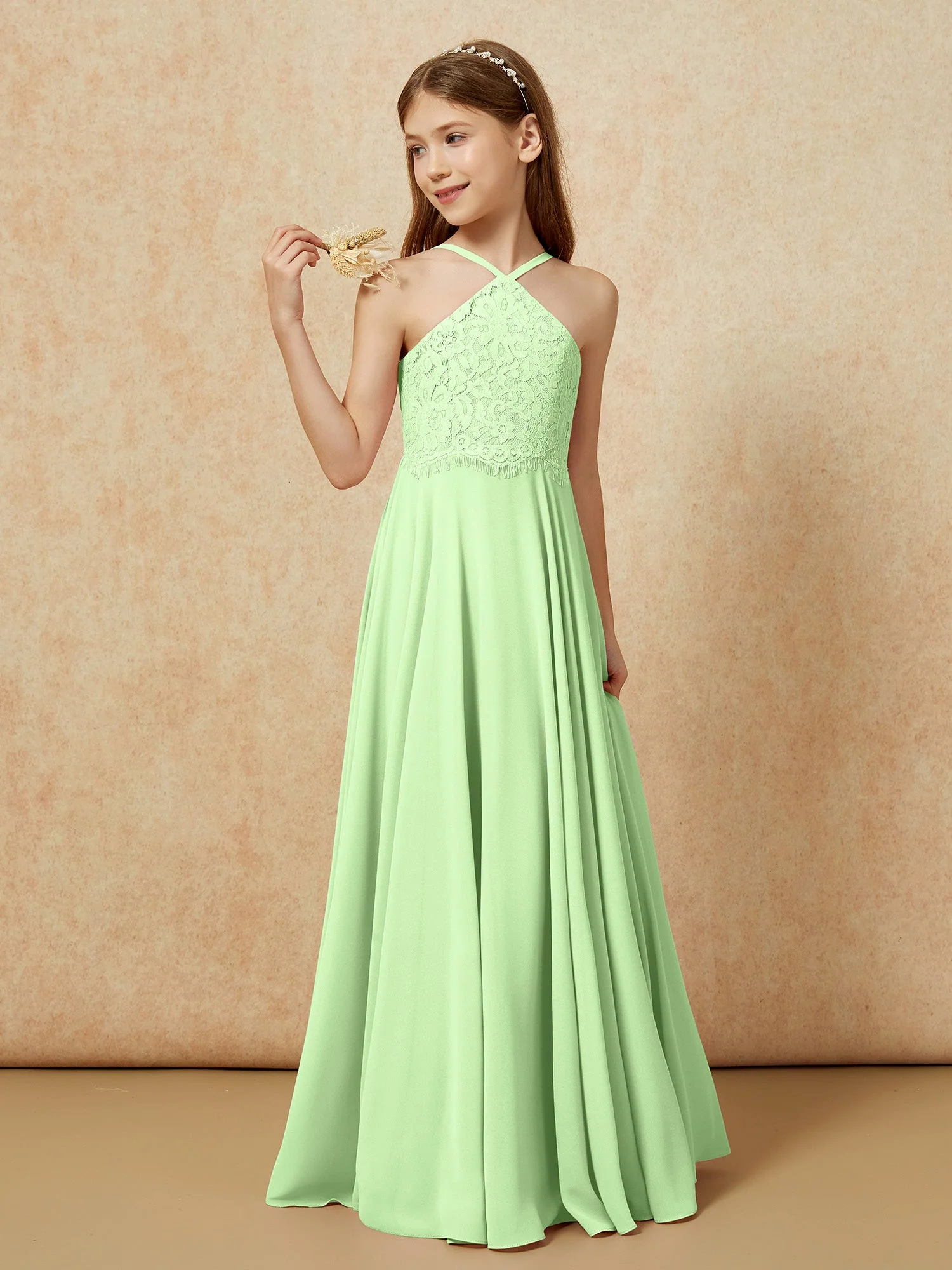Halshalter Spitzen Oberteil Lang Chiffon Junge Brautjungfernkleider Salbei - Image 3