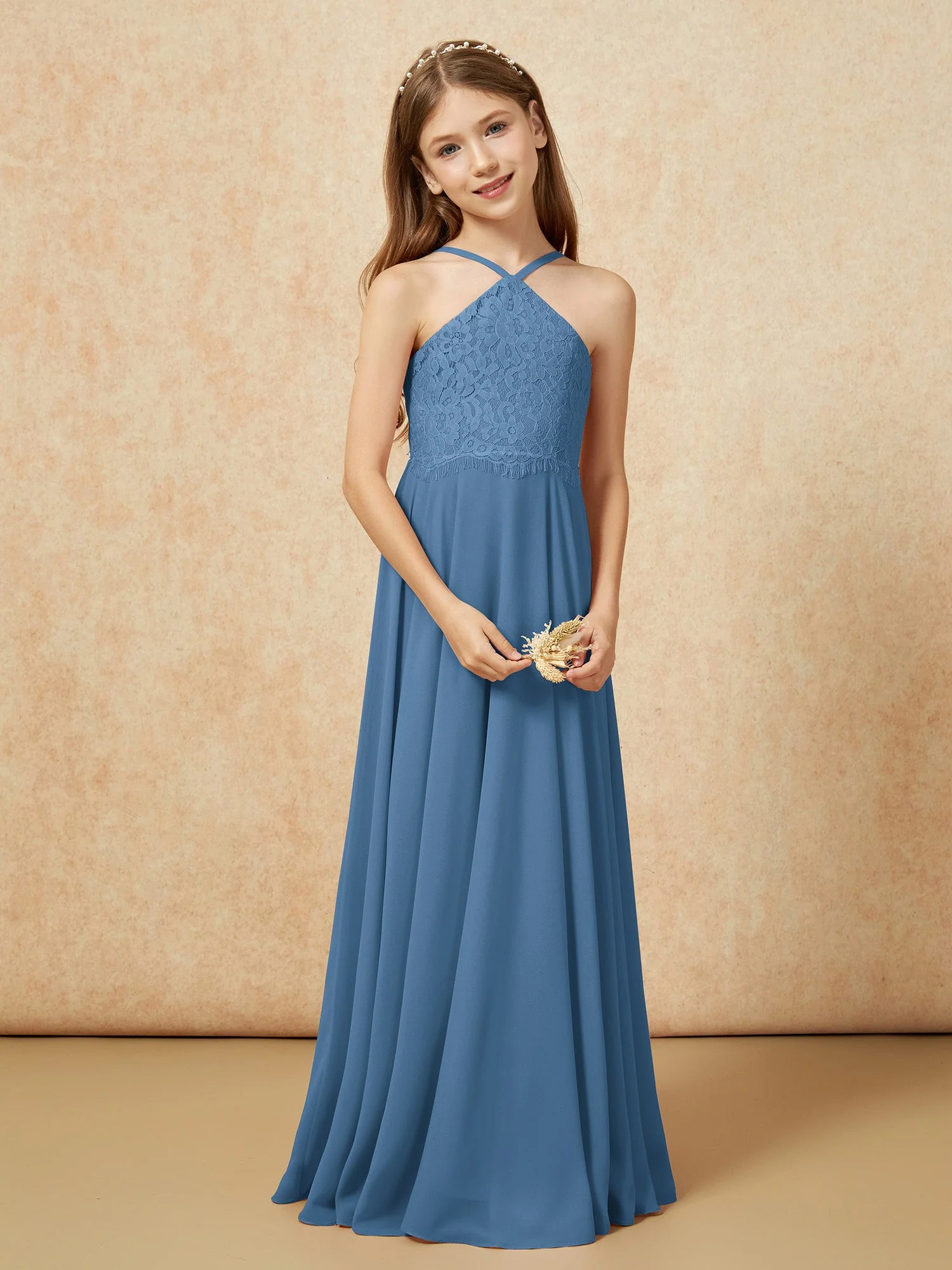 Halshalter Spitzen Oberteil Lang Chiffon Junge Brautjungfernkleider Schiefer Blau - Image 5