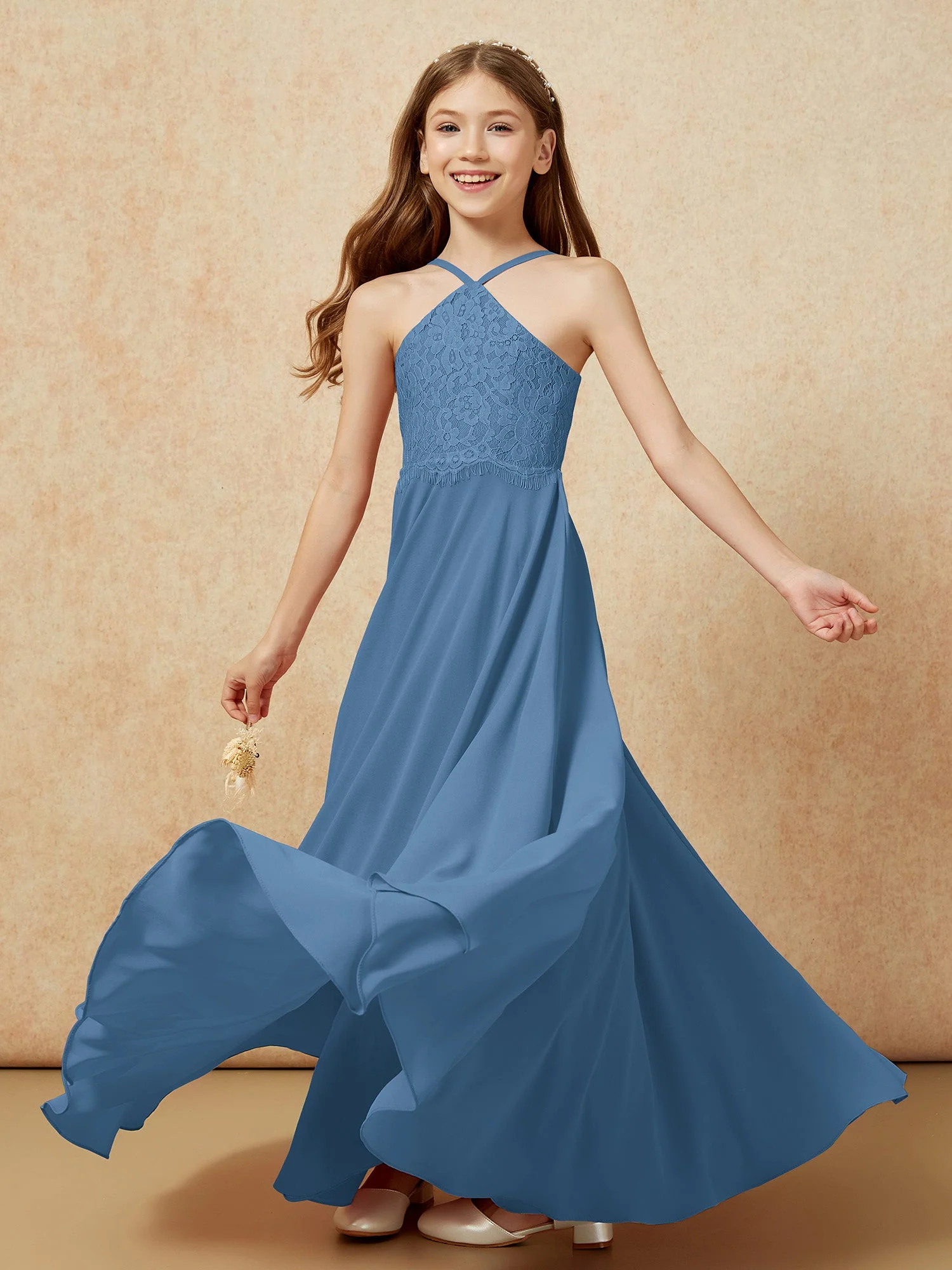 Halshalter Spitzen Oberteil Lang Chiffon Junge Brautjungfernkleider Schiefer Blau - Image 6