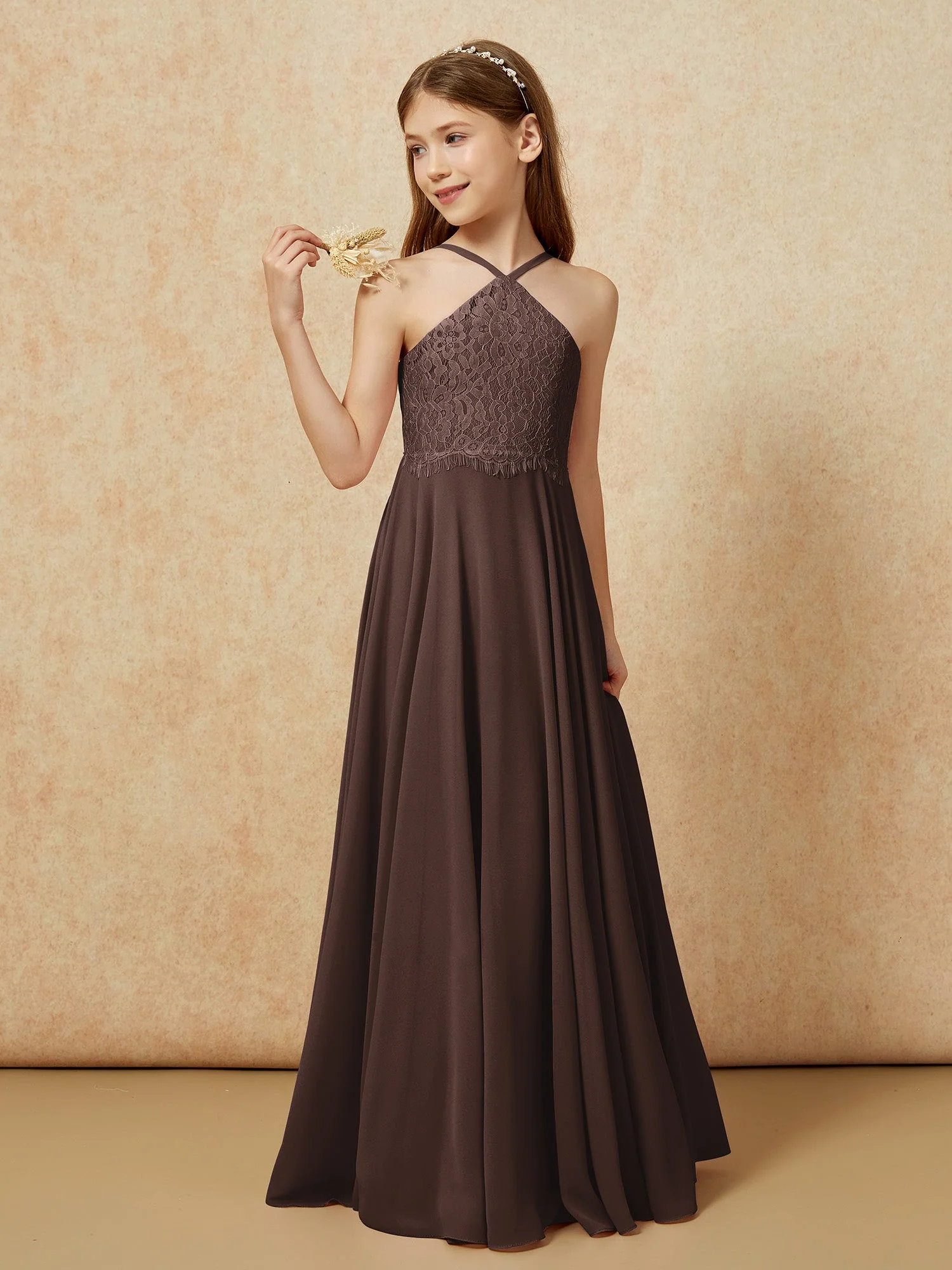 Halshalter Spitzen Oberteil Lang Chiffon Junge Brautjungfernkleider Schokolade - Image 3