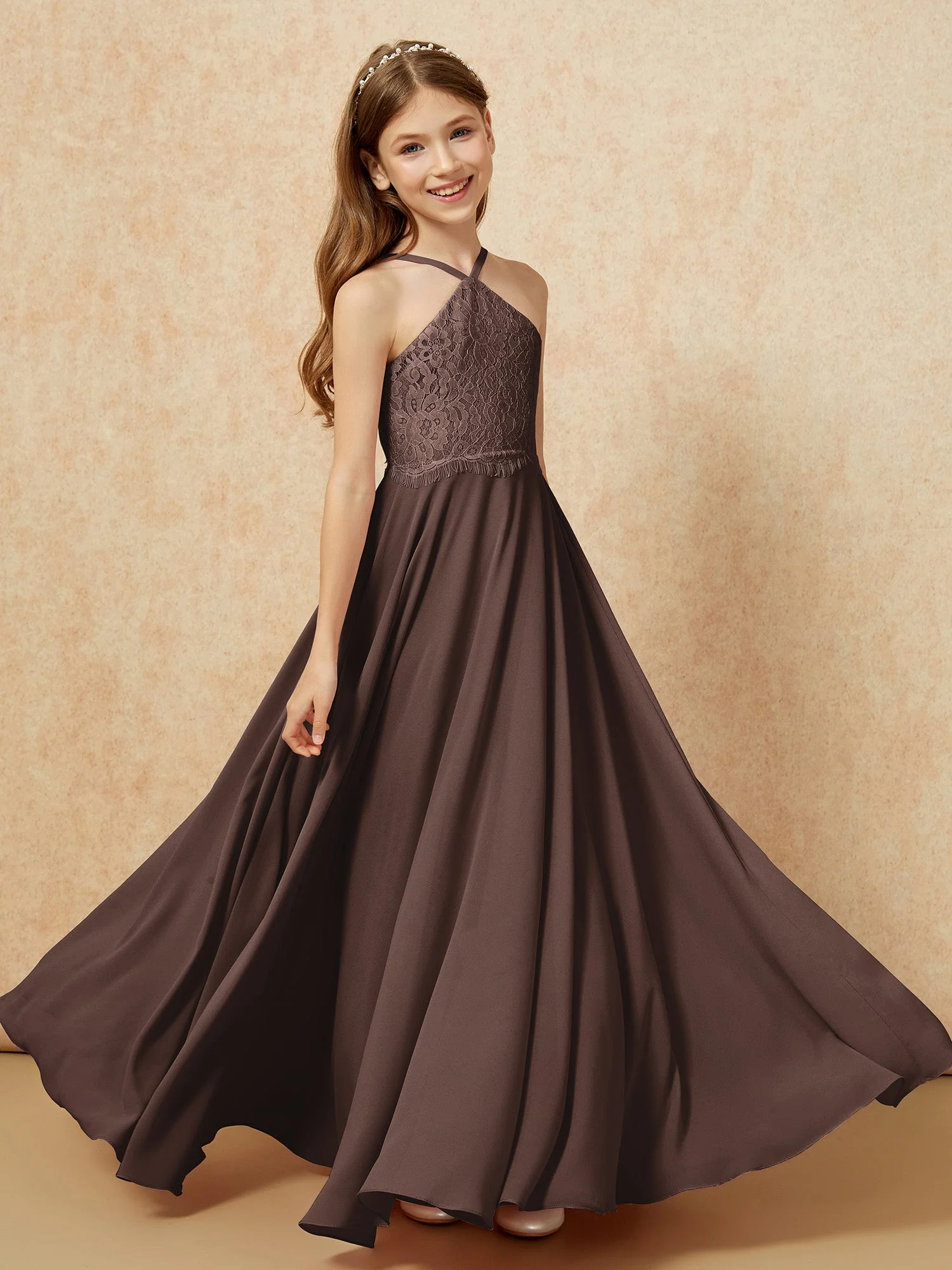 Halshalter Spitzen Oberteil Lang Chiffon Junge Brautjungfernkleider Schokolade - Image 4