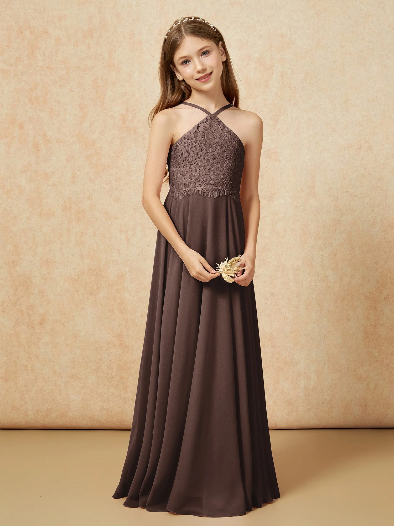 Halshalter Spitzen Oberteil Lang Chiffon Junge Brautjungfernkleider Schokolade - Image 5