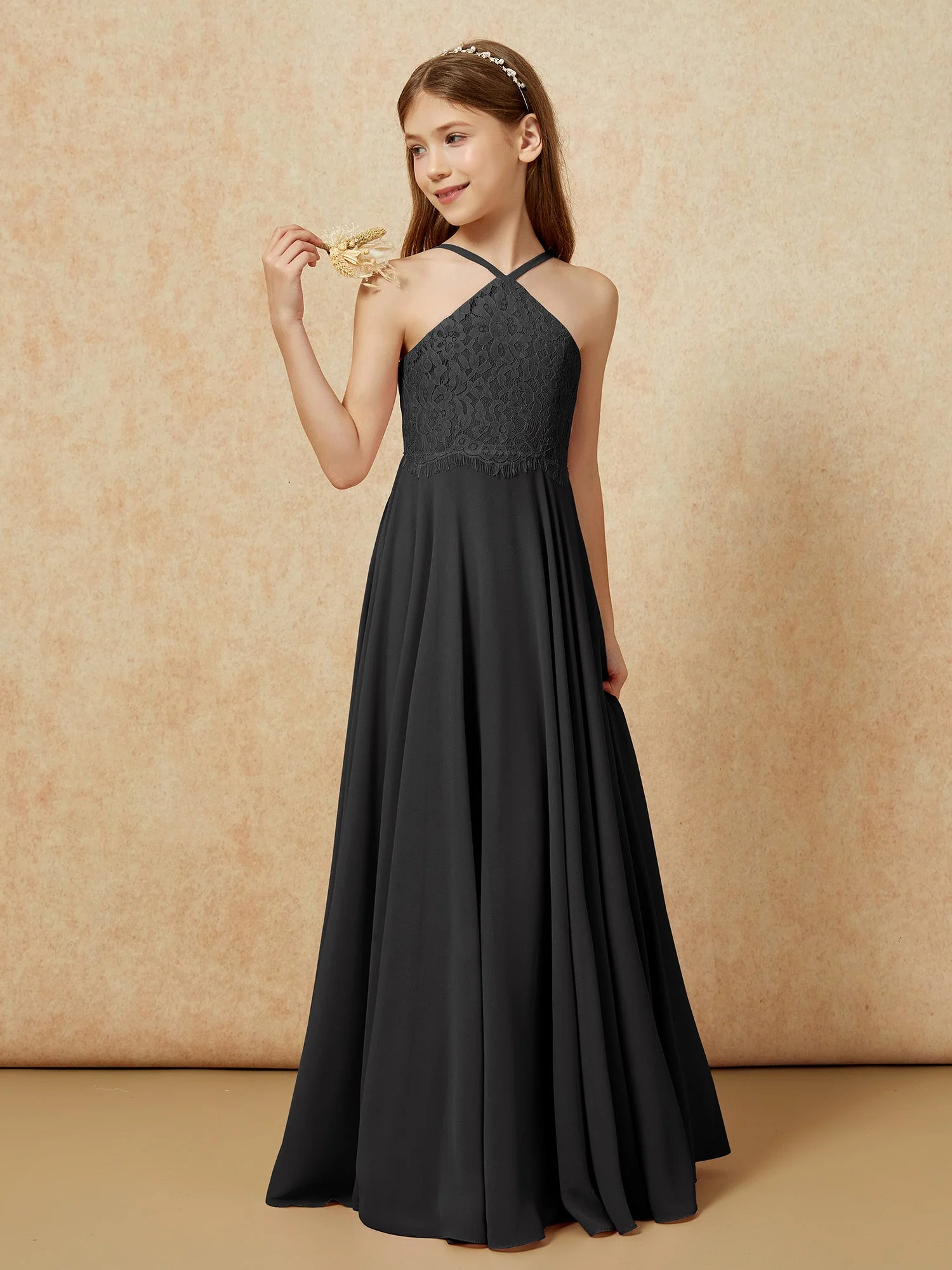 Halshalter Spitzen Oberteil Lang Chiffon Junge Brautjungfernkleider Schwarz - Image 3