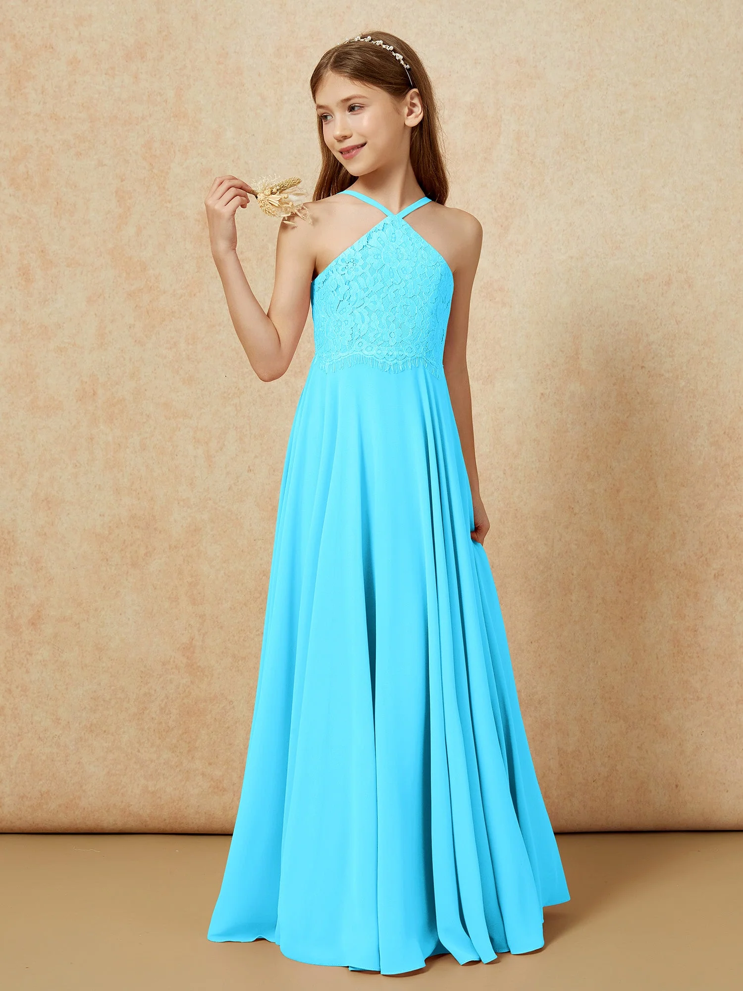 Halshalter Spitzen Oberteil Lang Chiffon Junge Brautjungfernkleider Schwimmbadblau - Image 3