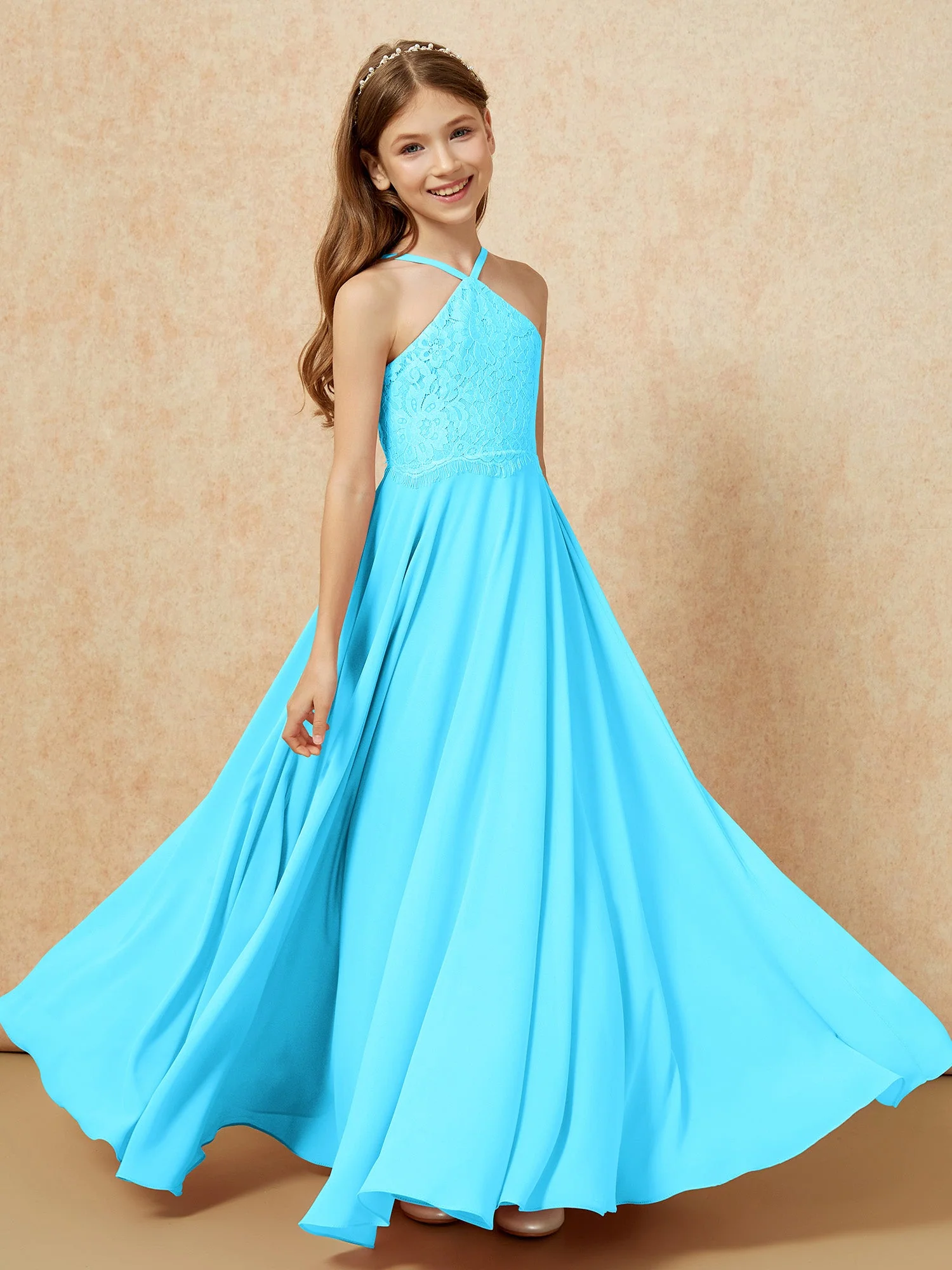 Halshalter Spitzen Oberteil Lang Chiffon Junge Brautjungfernkleider Schwimmbadblau - Image 4