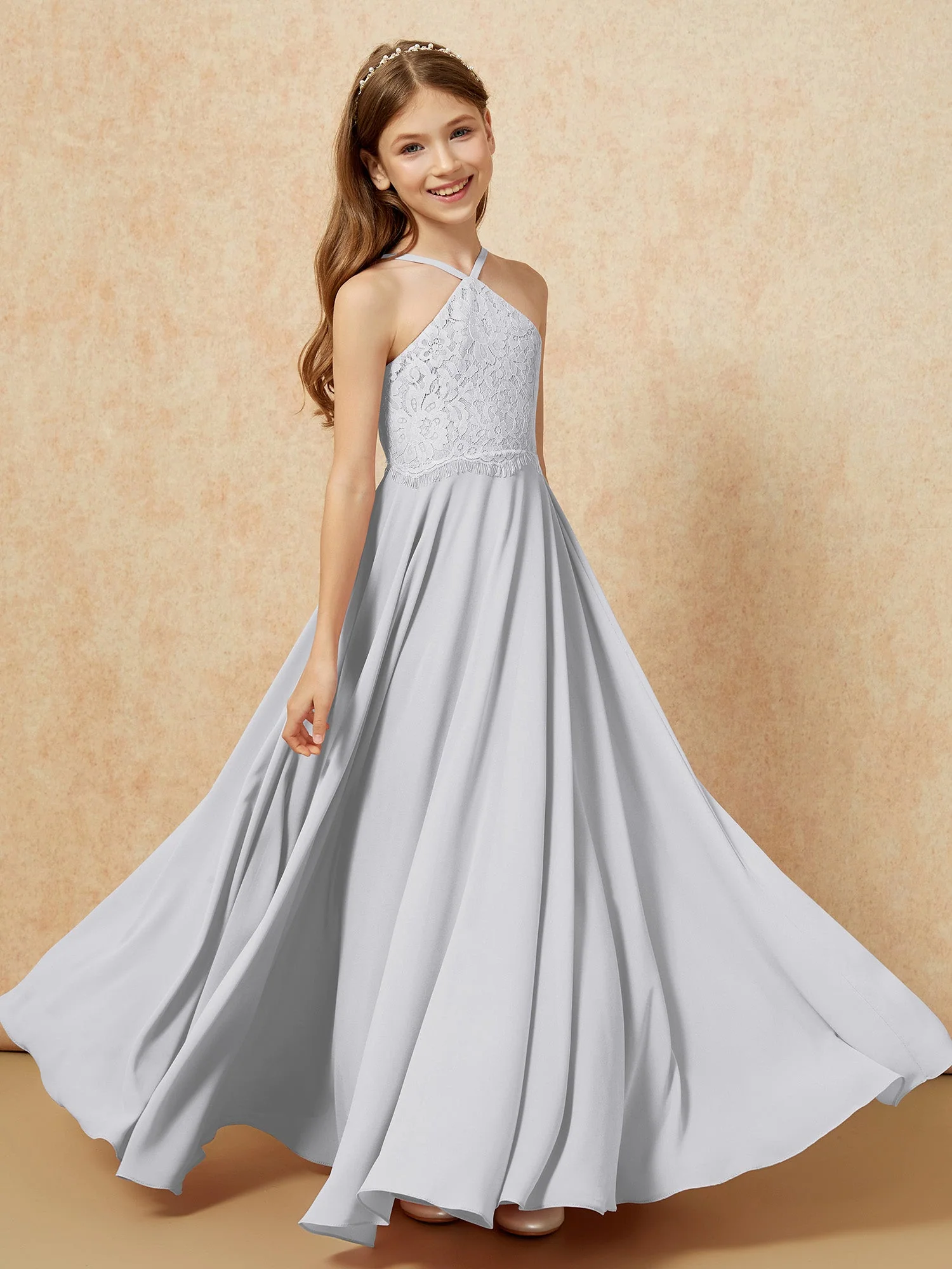 Halshalter Spitzen Oberteil Lang Chiffon Junge Brautjungfernkleider Silber - Image 4
