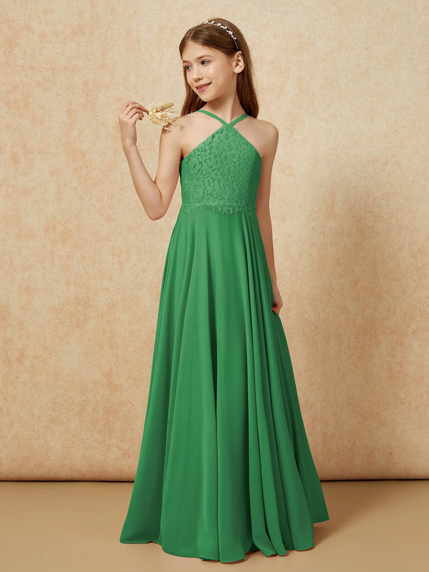 Halshalter Spitzen Oberteil Lang Chiffon Junge Brautjungfernkleider Smaragd - Image 3