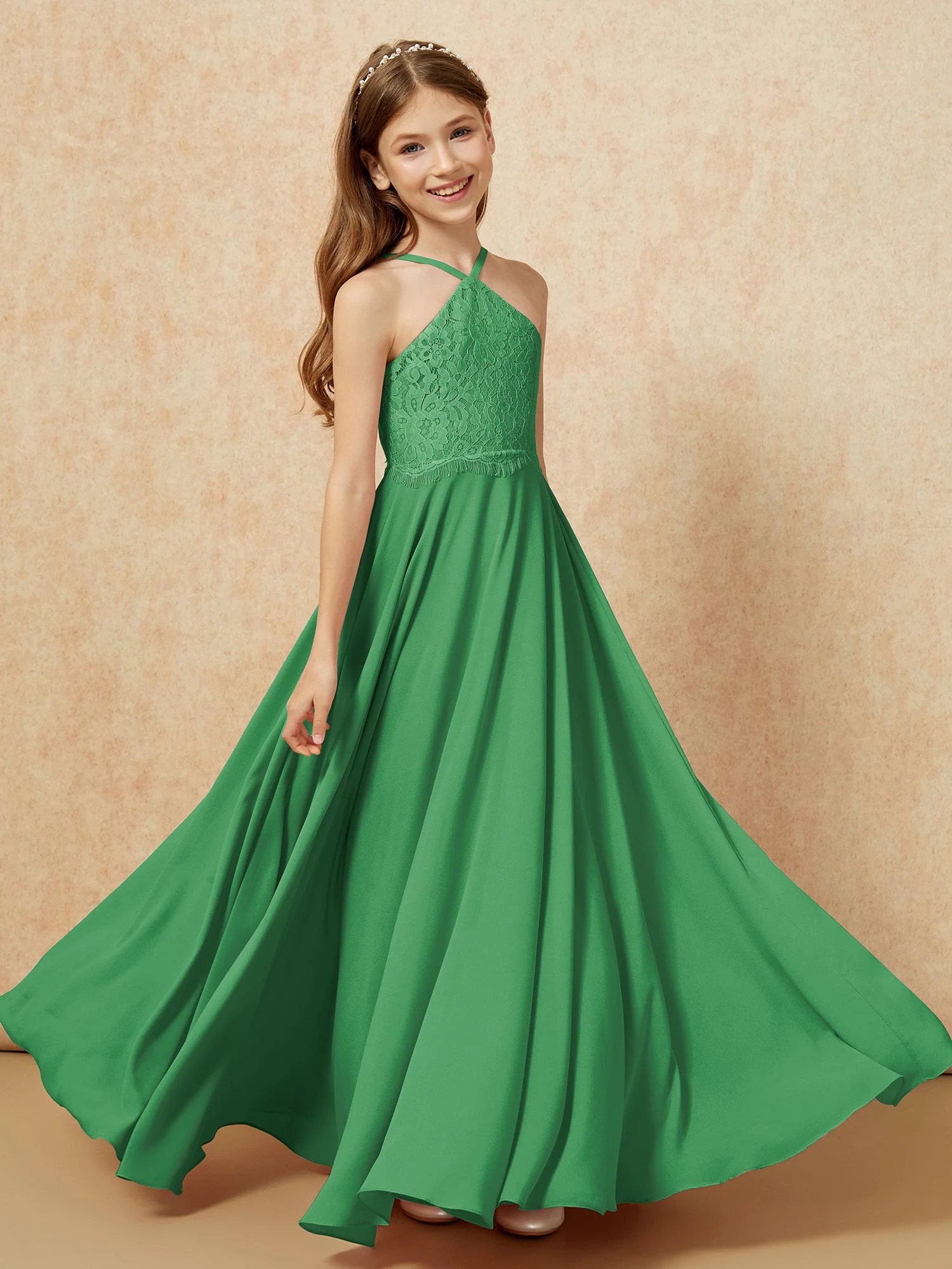 Halshalter Spitzen Oberteil Lang Chiffon Junge Brautjungfernkleider Smaragd - Image 4
